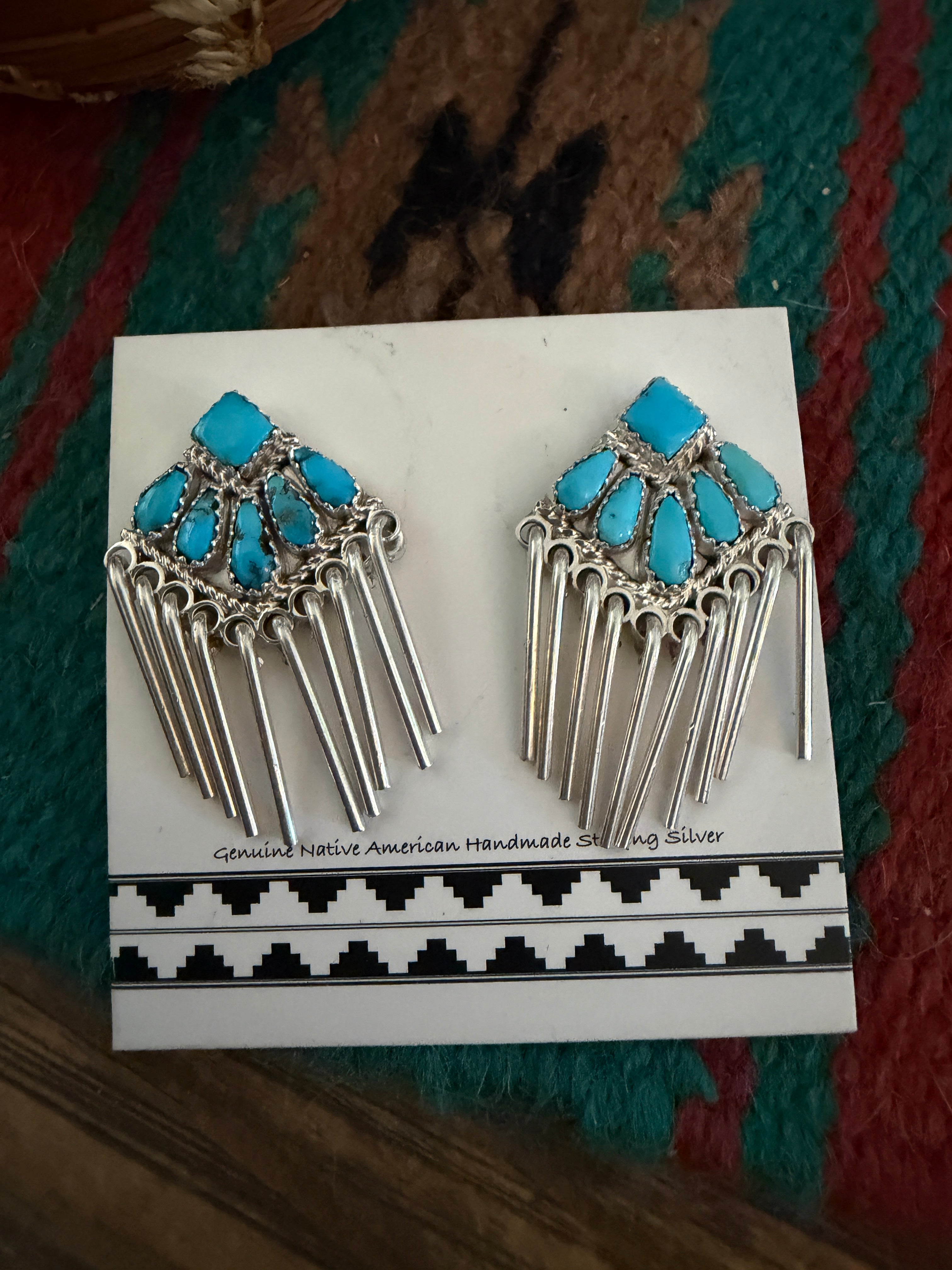 Handcrafted Turquoise and Sterling Silver Cluster Tassel Dangle Earrings