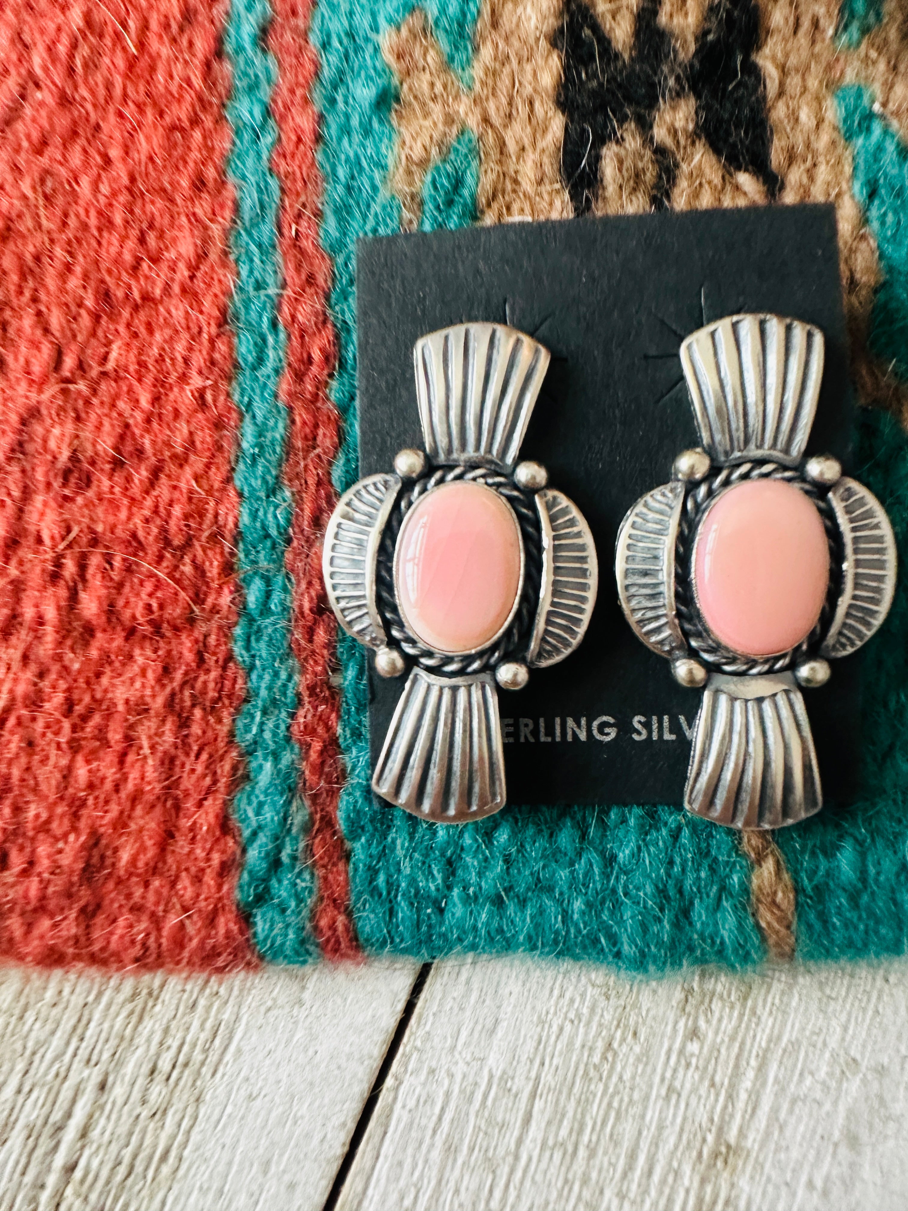 Navajo Sterling Silver & Queen Pink Conch Post Earrings