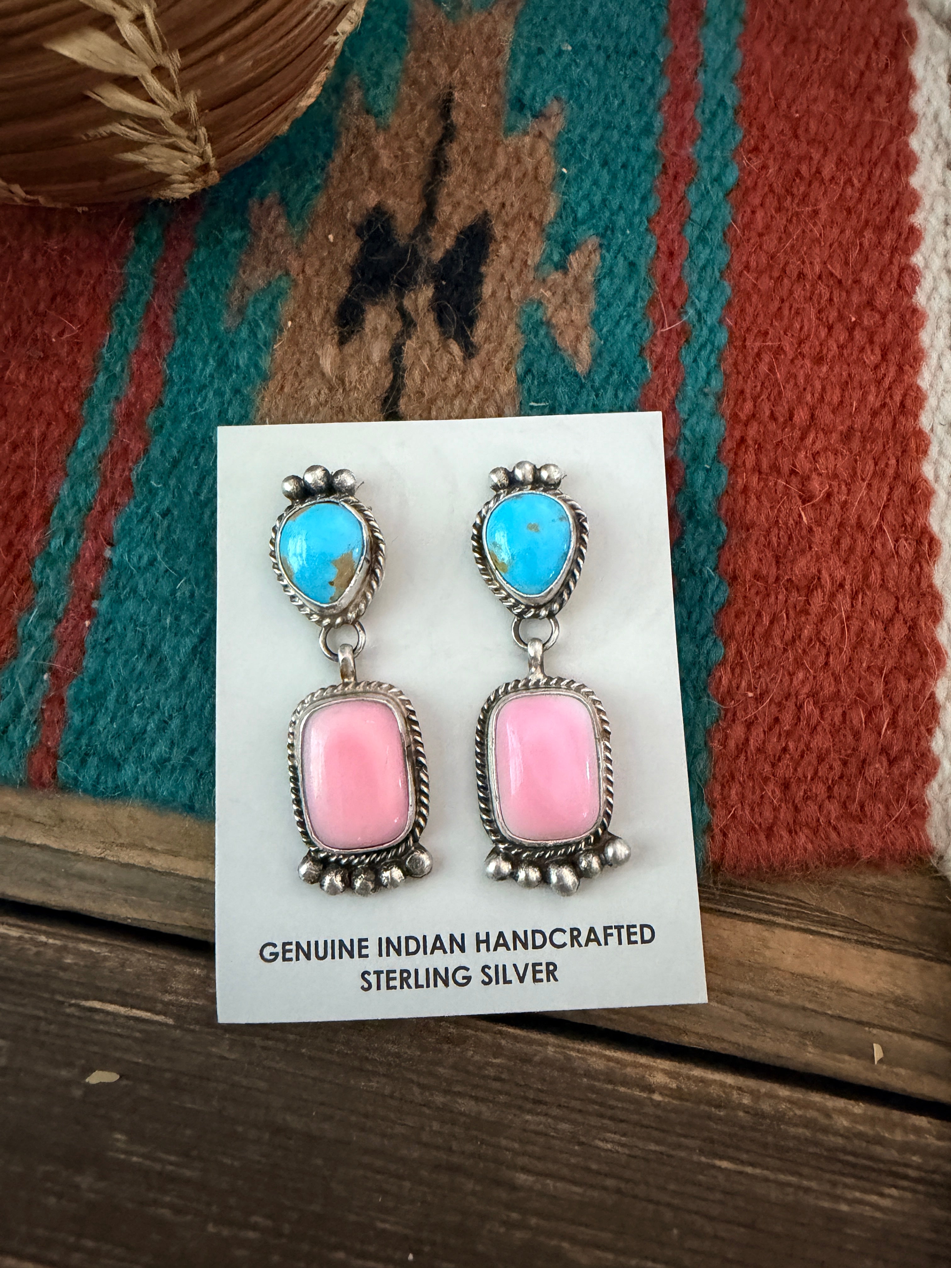 Handcrafted Sterling Silver, Turquoise & Queen Pink Conch Dangle Earrings by Vicky Hicks