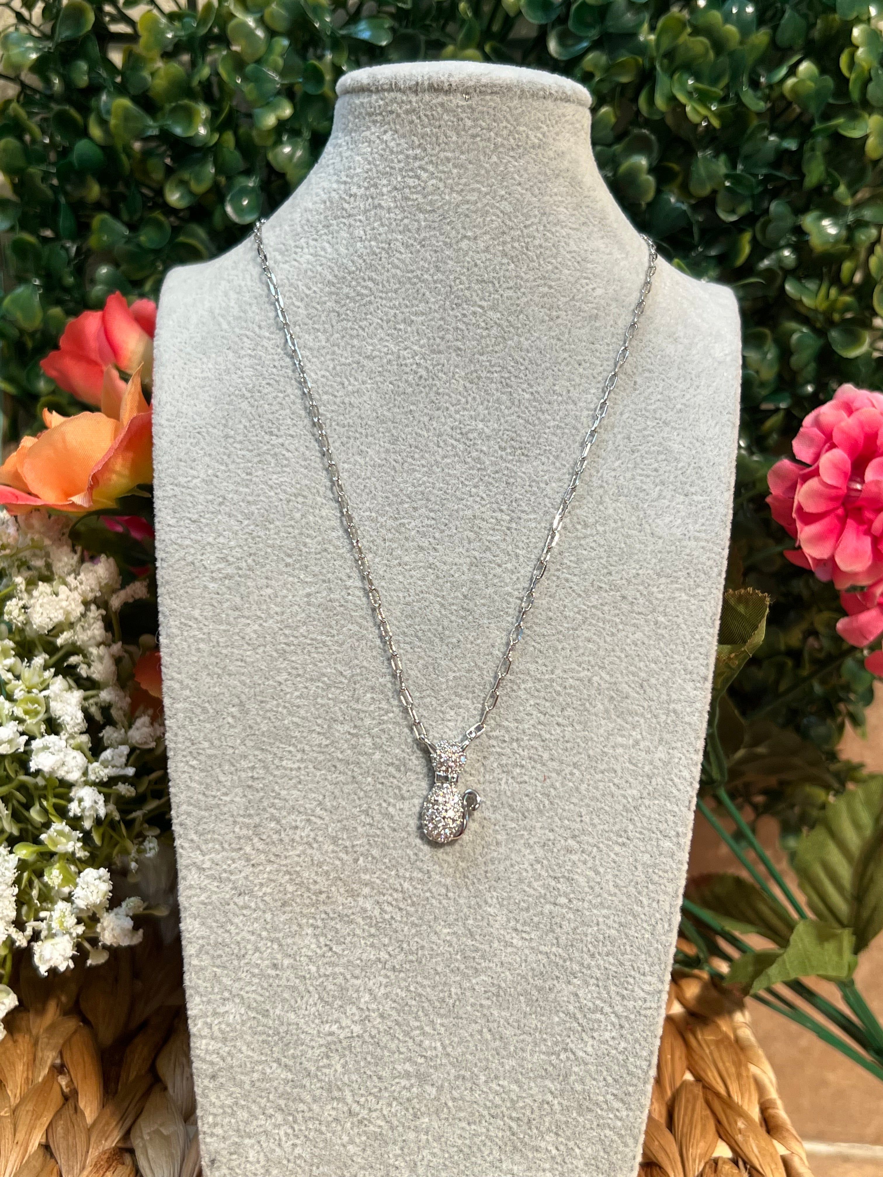 Silver Plated CZ Cat Pendant Chain Necklace