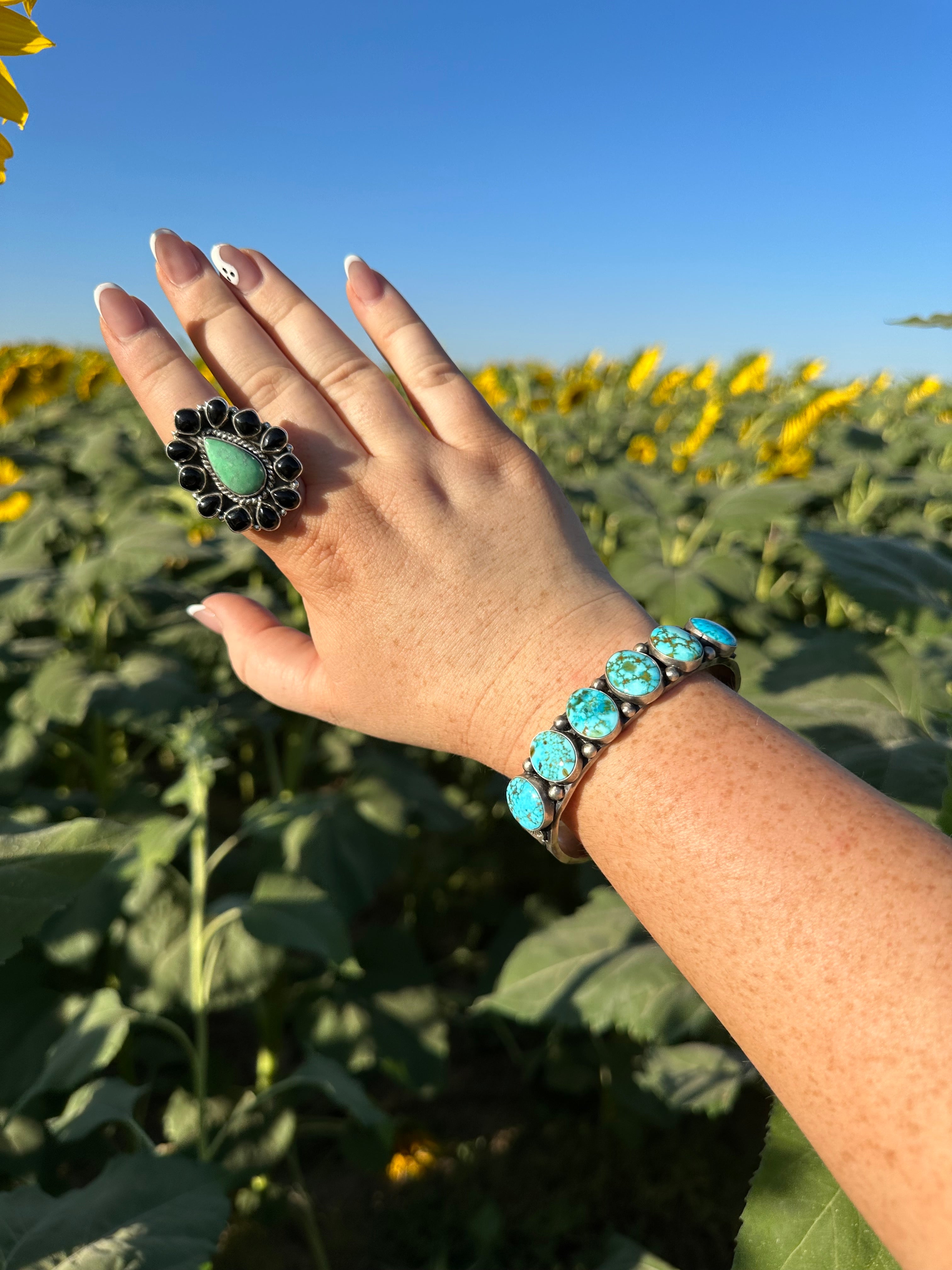 Handcrafted 6 Stone Turquoise & Sterling Silver Cuff Bracelet Signed S.Tso /