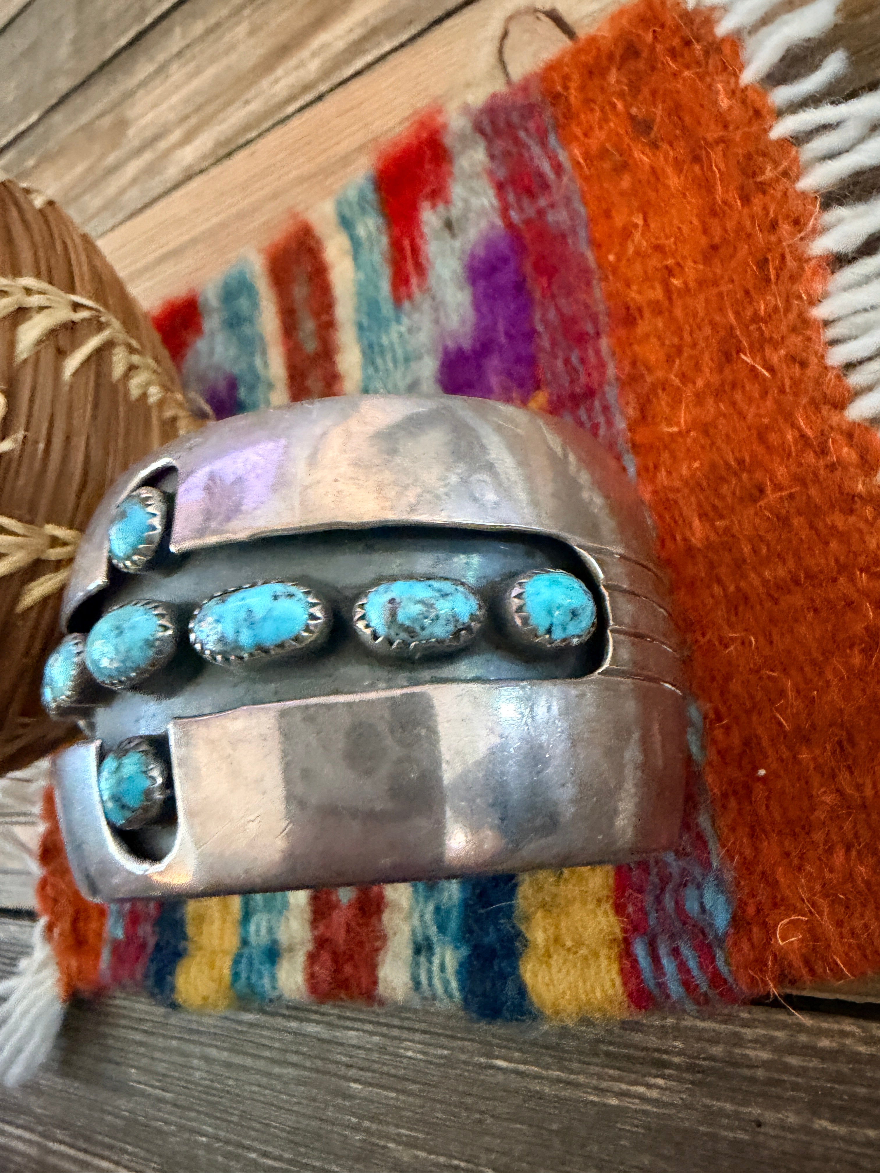 Handcrafted Old Pawn Sterling Silver & Turquoise Shadowbox Cross Cuff Bracelet