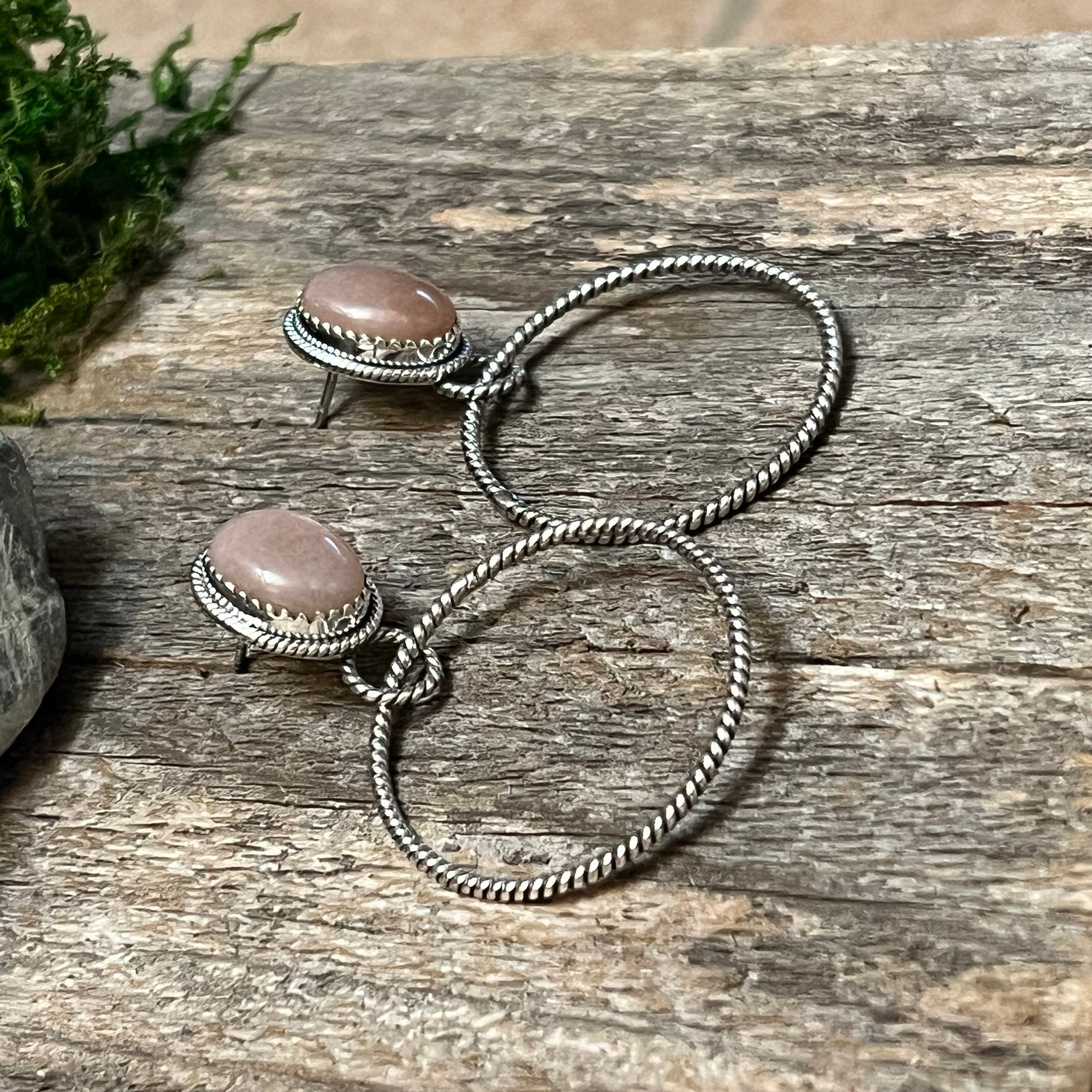 Handmade Pink Opal & Sterling Silver Hoop Earrings