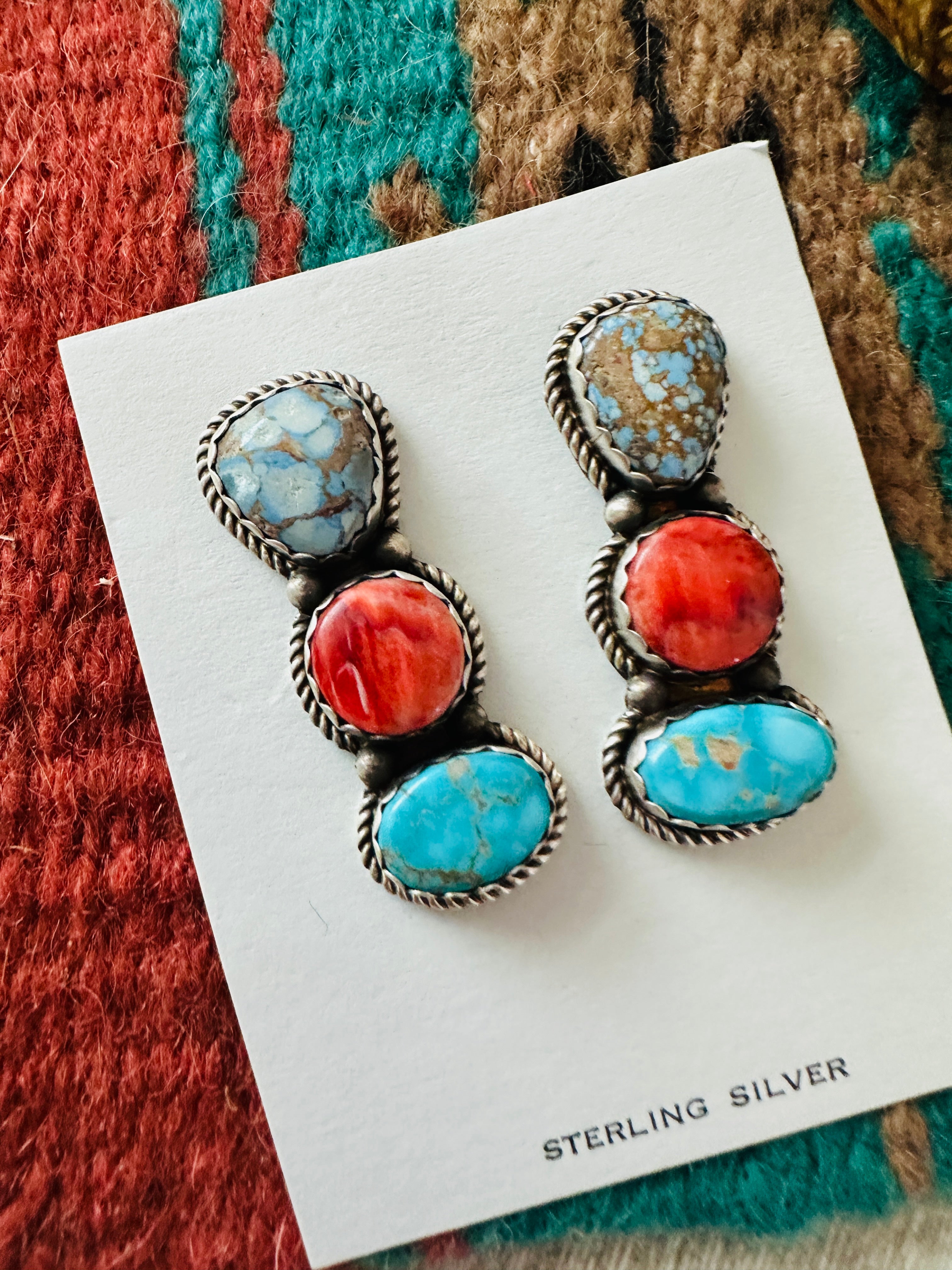 Handcrafted Red Spiny, Turquoise and Sterling Silver Dangle Earrings