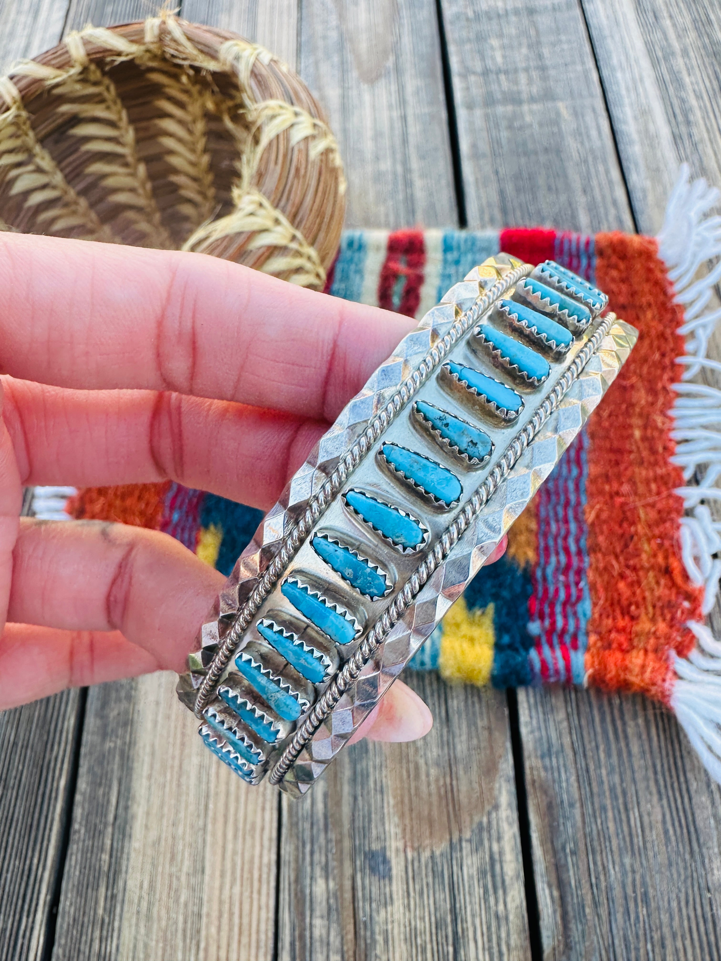 Handcrafted Old Pawn Sterling Silver & Turquoise Cuff Bracelet by Tommy Lowe