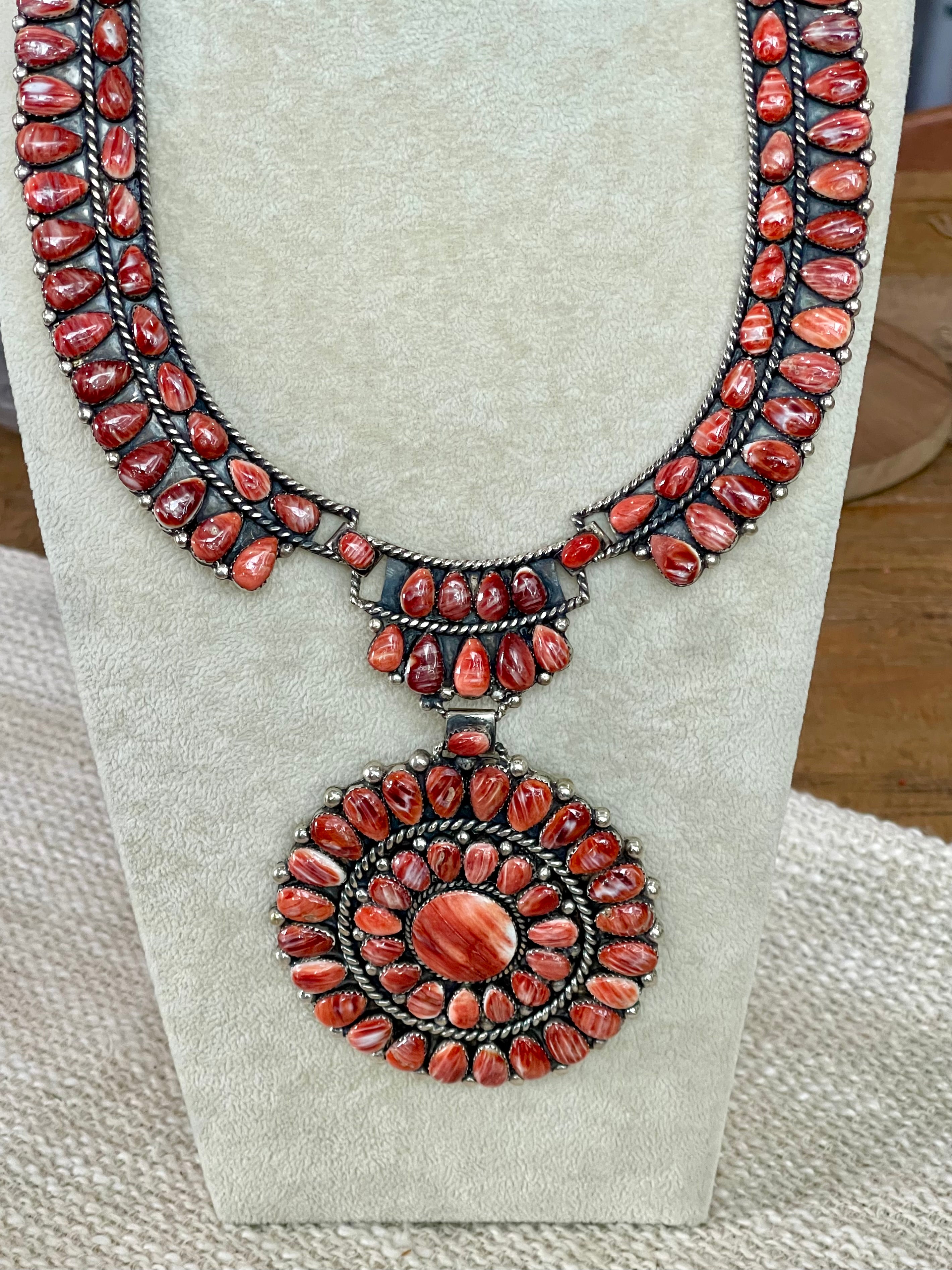 Handmade Sterling Silver & Red Spiny Cluster Necklace