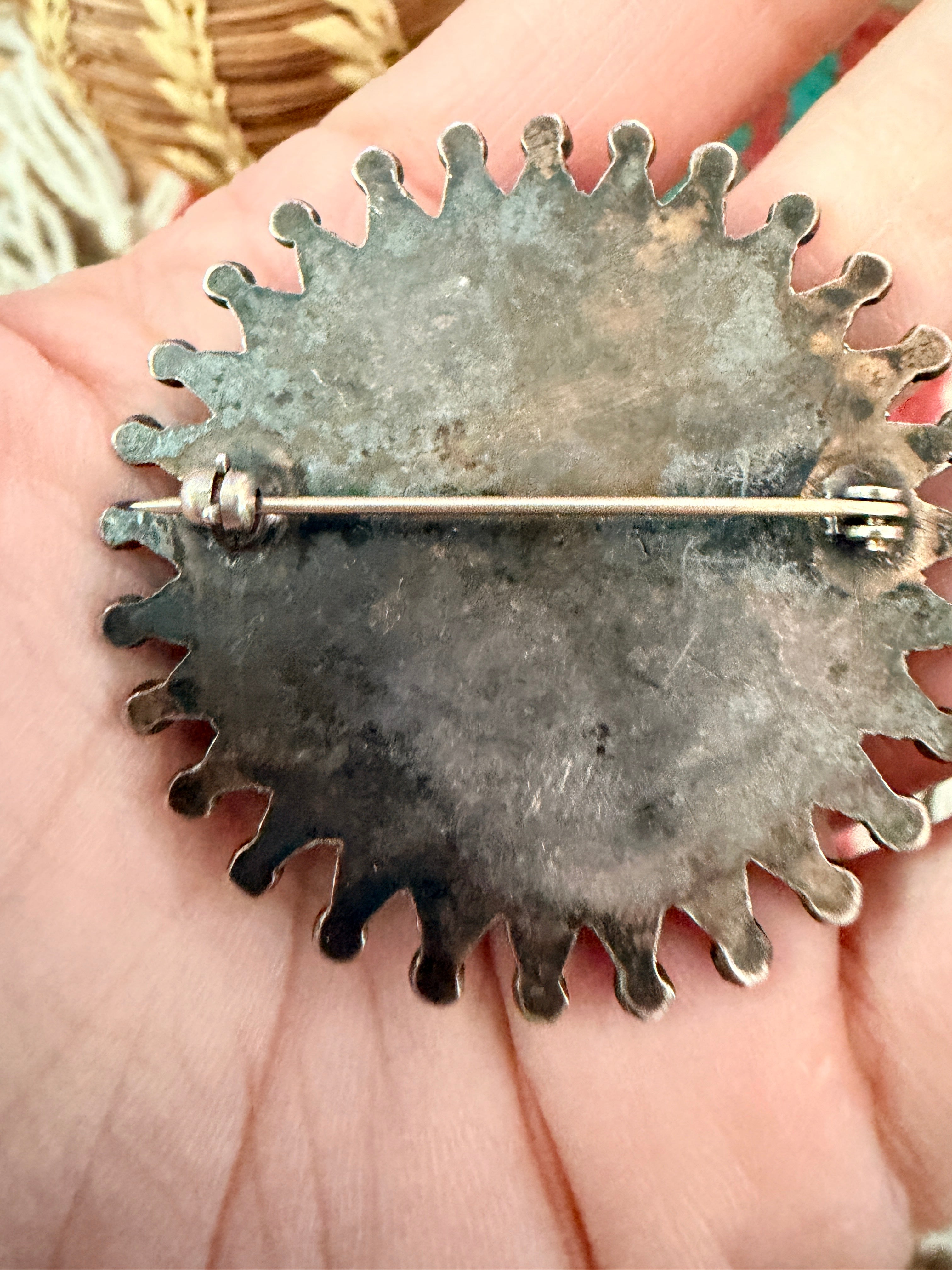 Old Pawn Handcrafted Turquoise and Sterling Silver Cluster Brooch