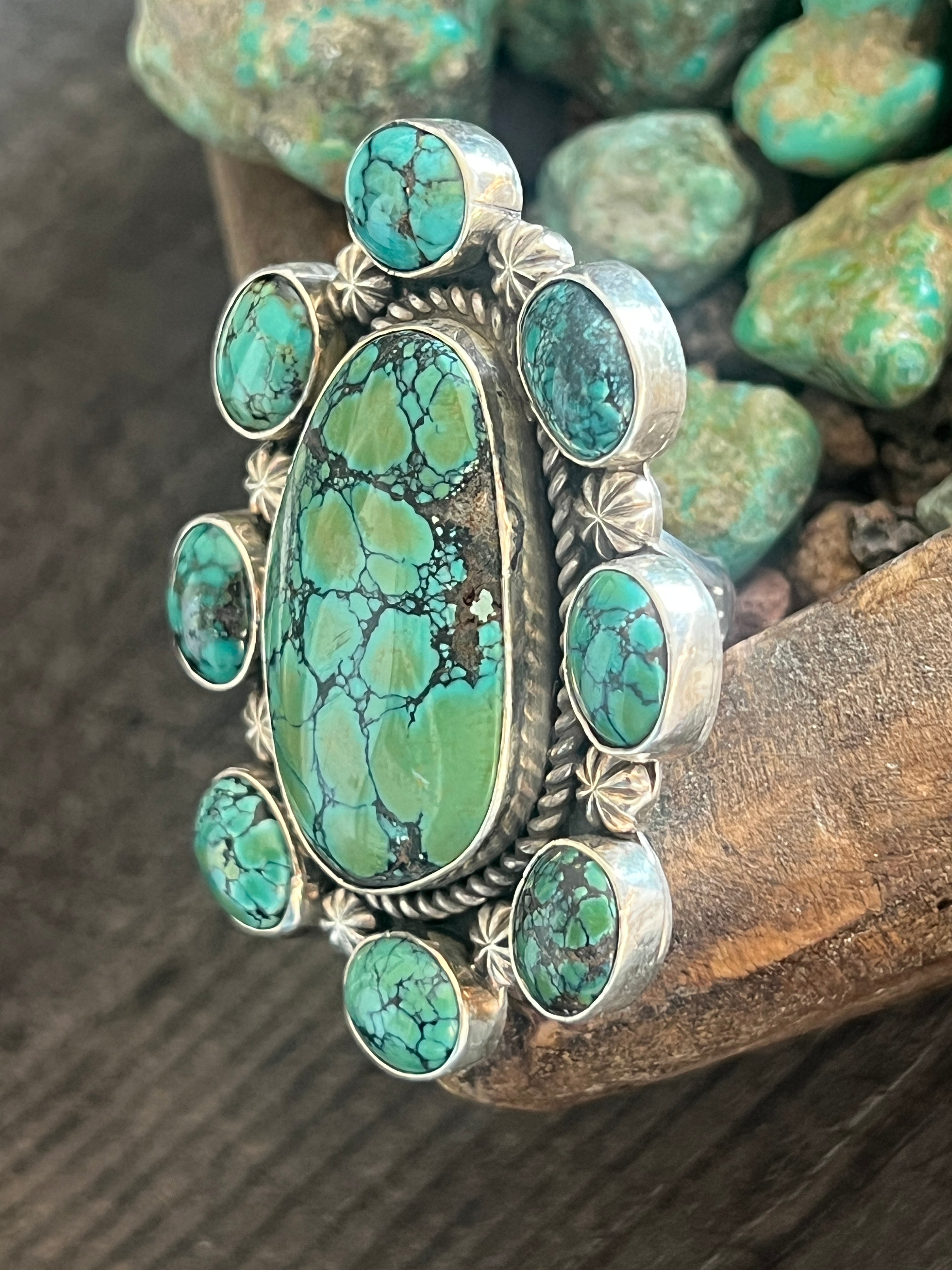 Handcrafted Sterling Silver and Hubei Turquoise Cluster Ring by Rosella Paxson, Size 8.5
