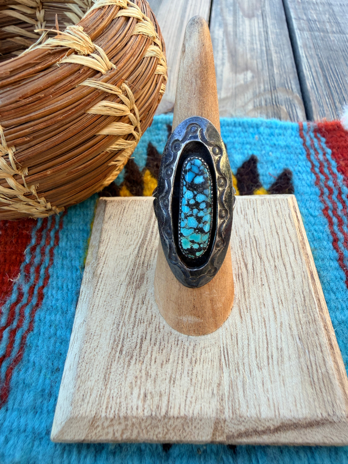 Old Pawn Handcrafted Turquoise & Sterling Silver Ring Size 6
