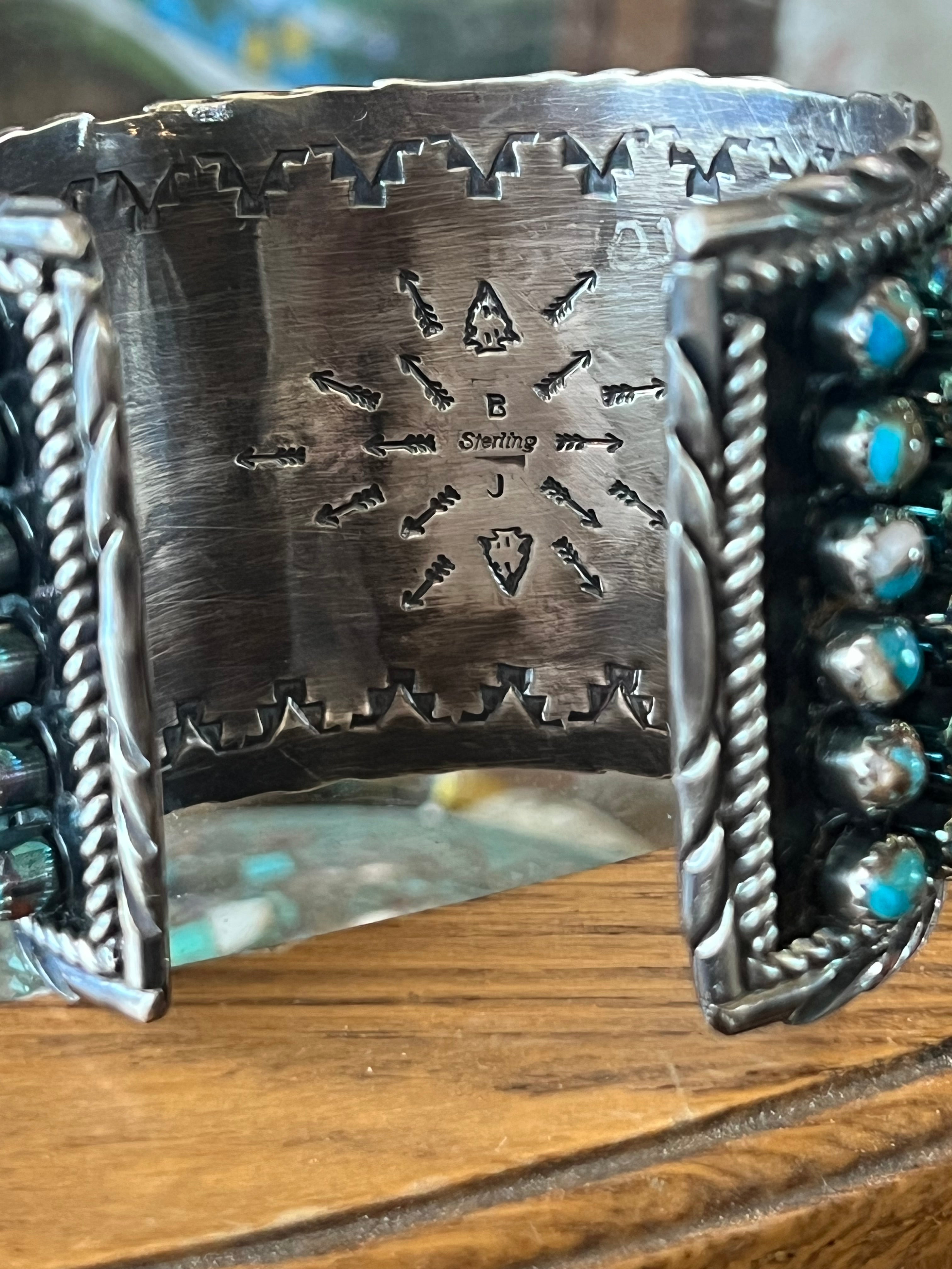 Handcrafted Sterling Silver and Blue Mohave Snake Eye Style Six Row Cuff Bracelet, Signed BJ