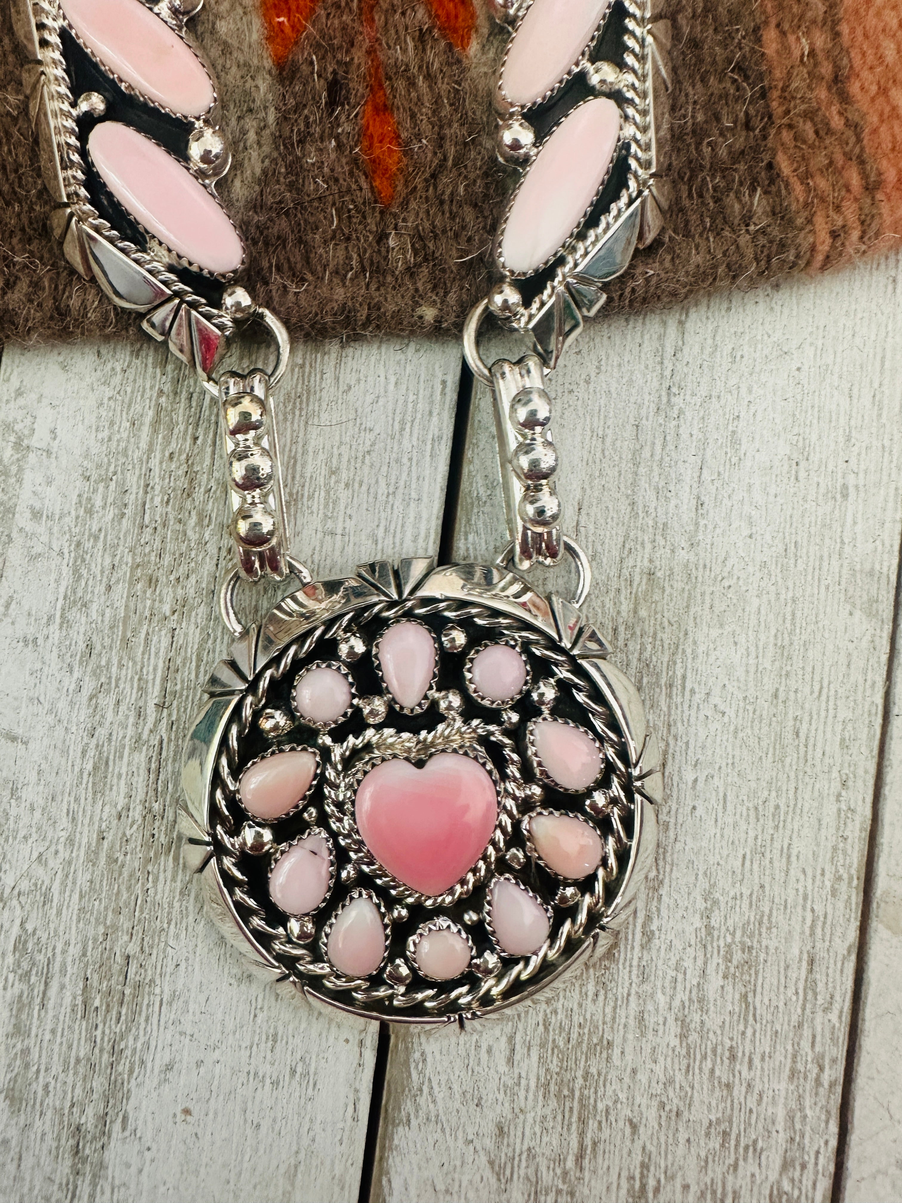 Handcrafted Queen Pink Conch & Sterling Silver Pearl Heart Necklace