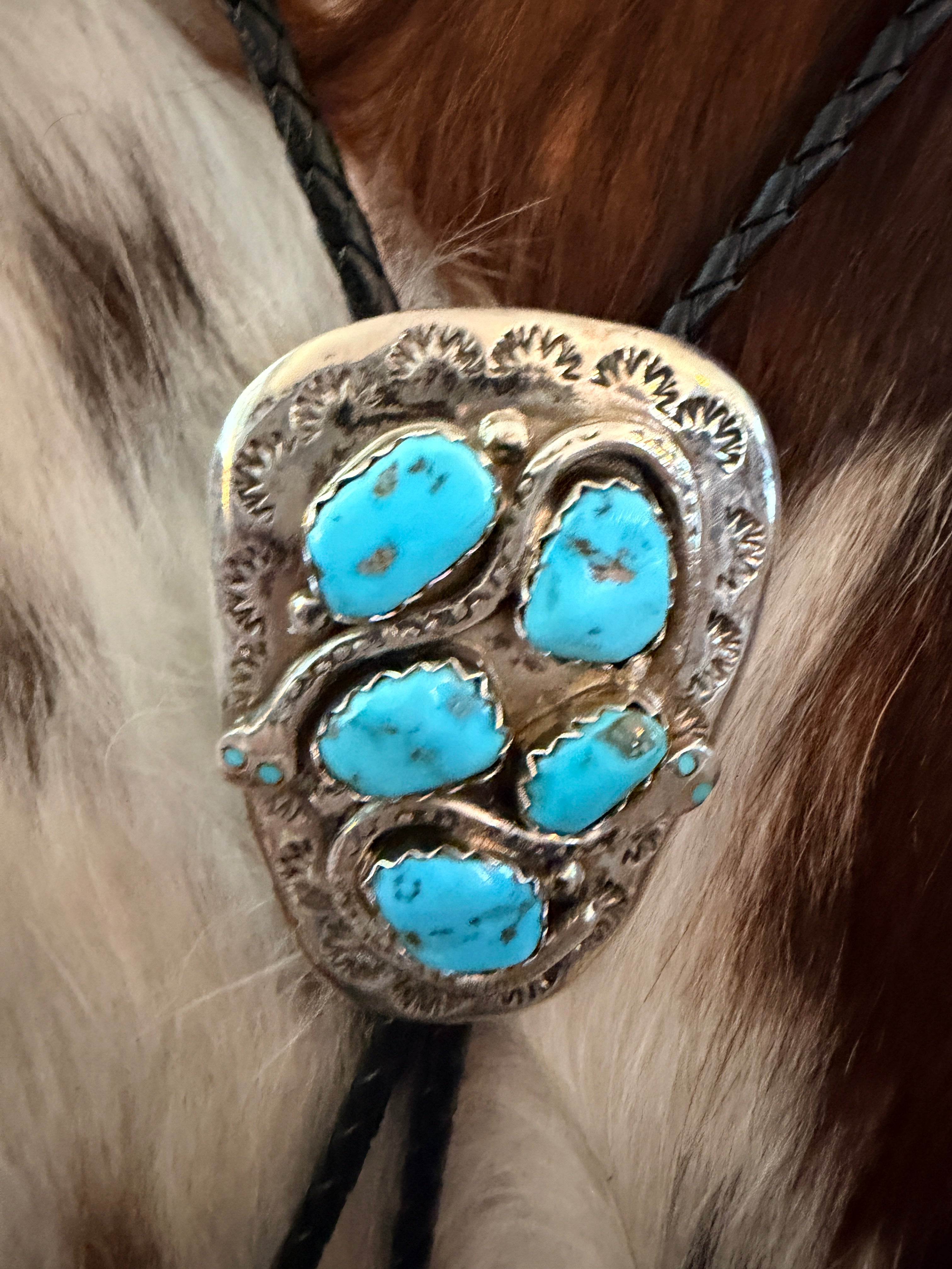 Handcrafted Vintage Old Pawn Sterling Silver & Turquoise Concho Bolo Tie by Effie Calavaza