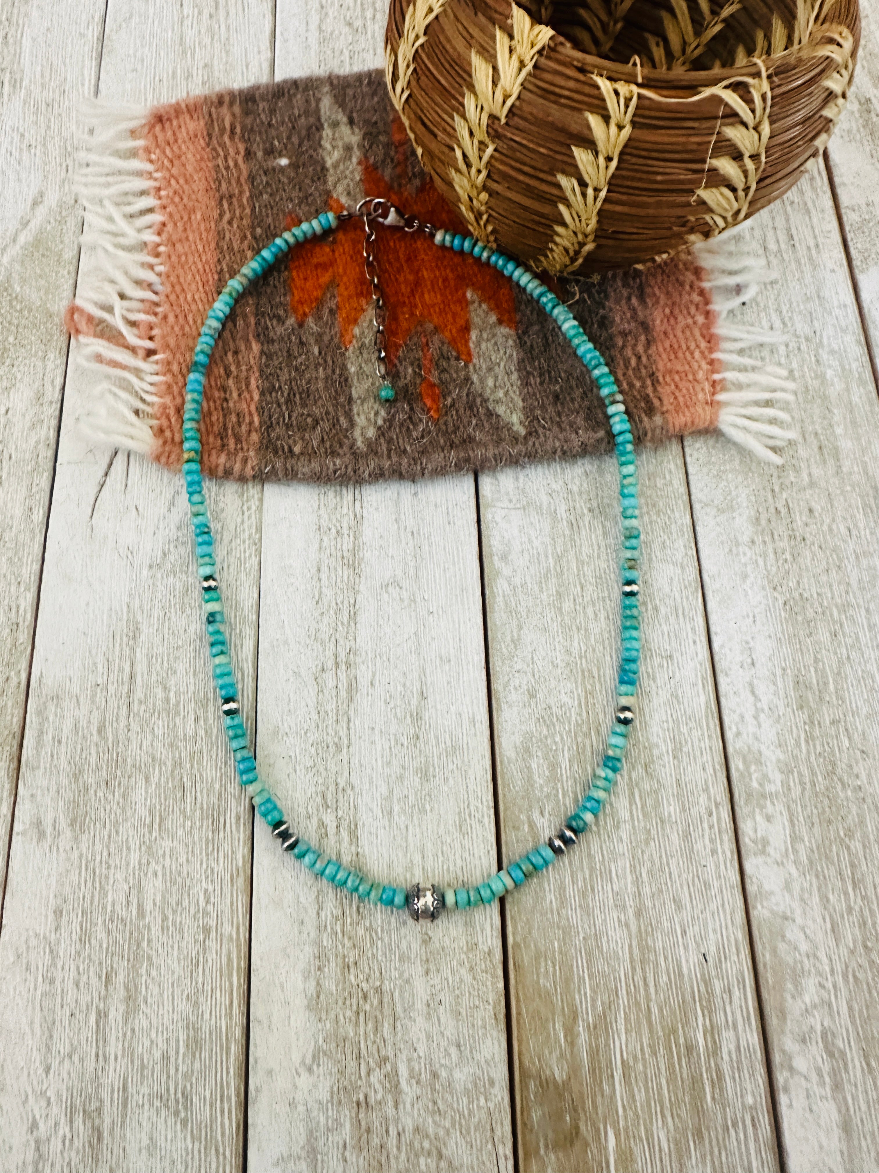Handcrafted Turquoise & Sterling Silver 16” Beaded Necklace