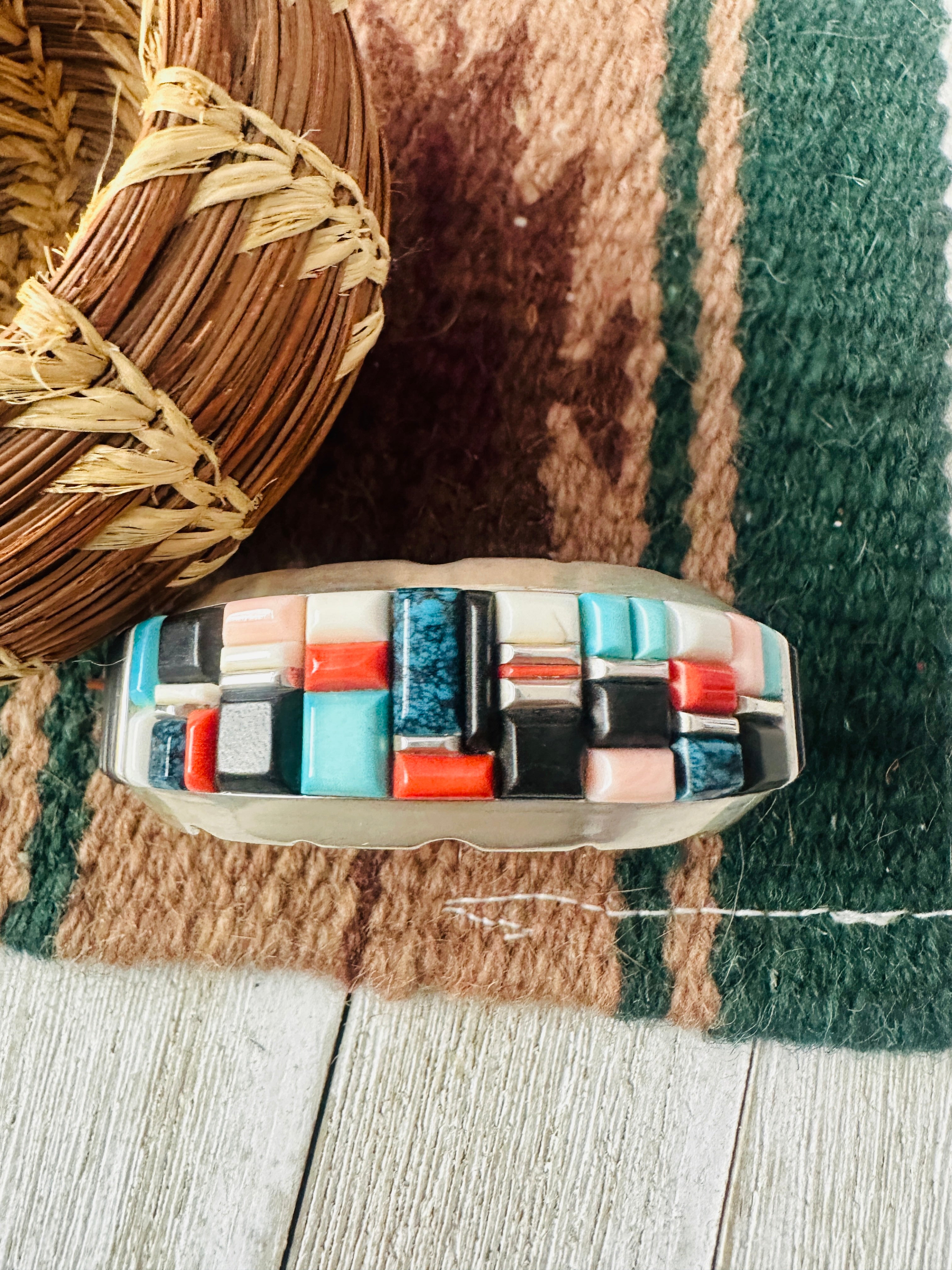 Handcrafted Old Pawn Multi Stone & Sterling Silver Inlay Cuff Bracelet