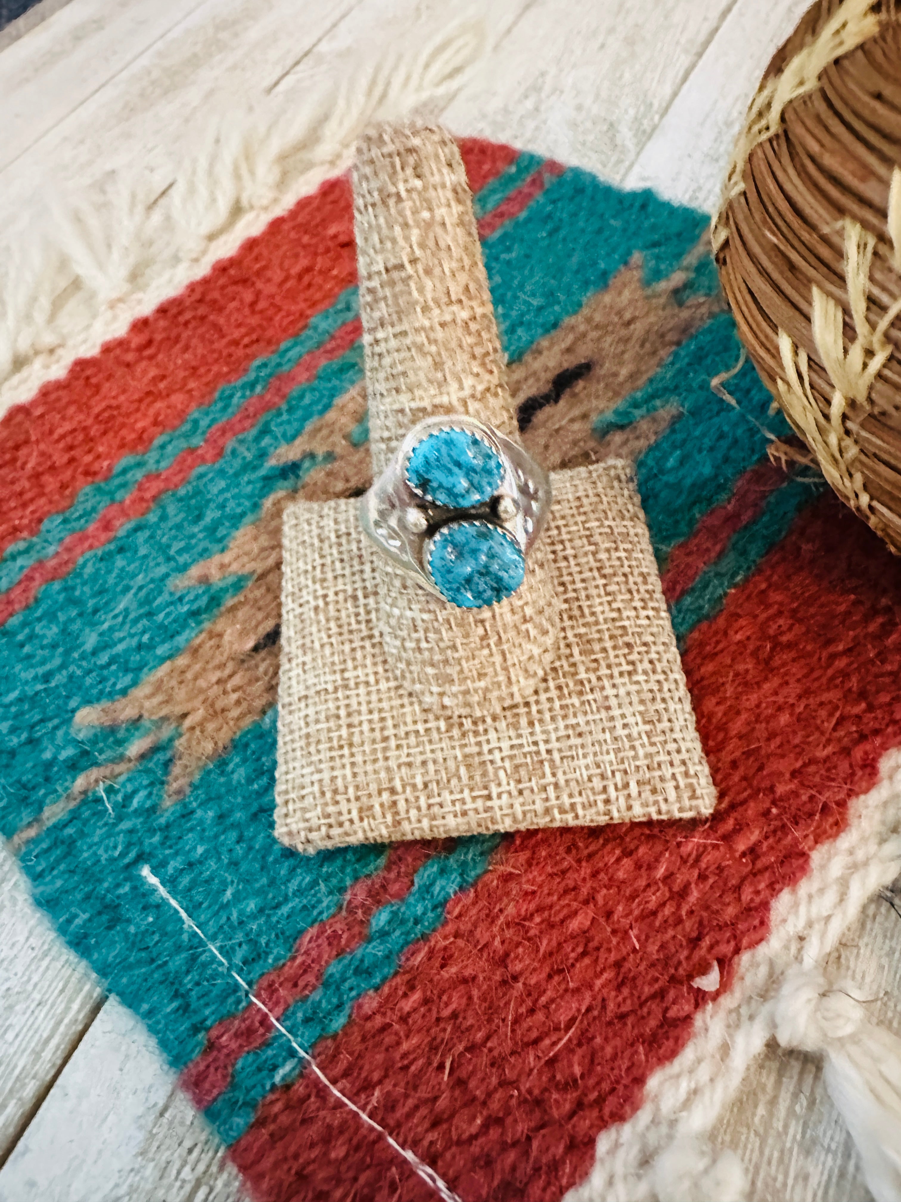 Handcrafted Turquoise & Sterling Silver Cigar Band Ring Size 10