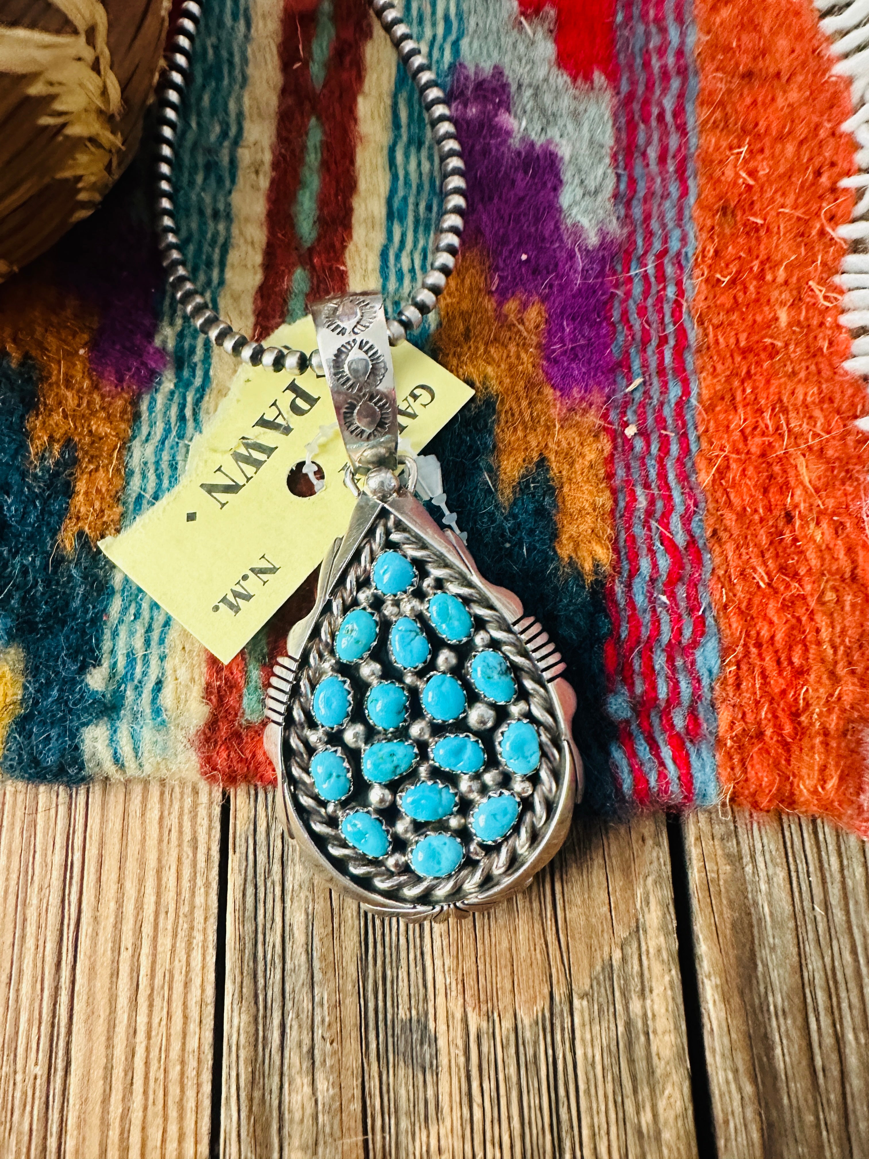 Old Pawn Handcrafted Turquoise and Sterling Silver Cluster Pendant