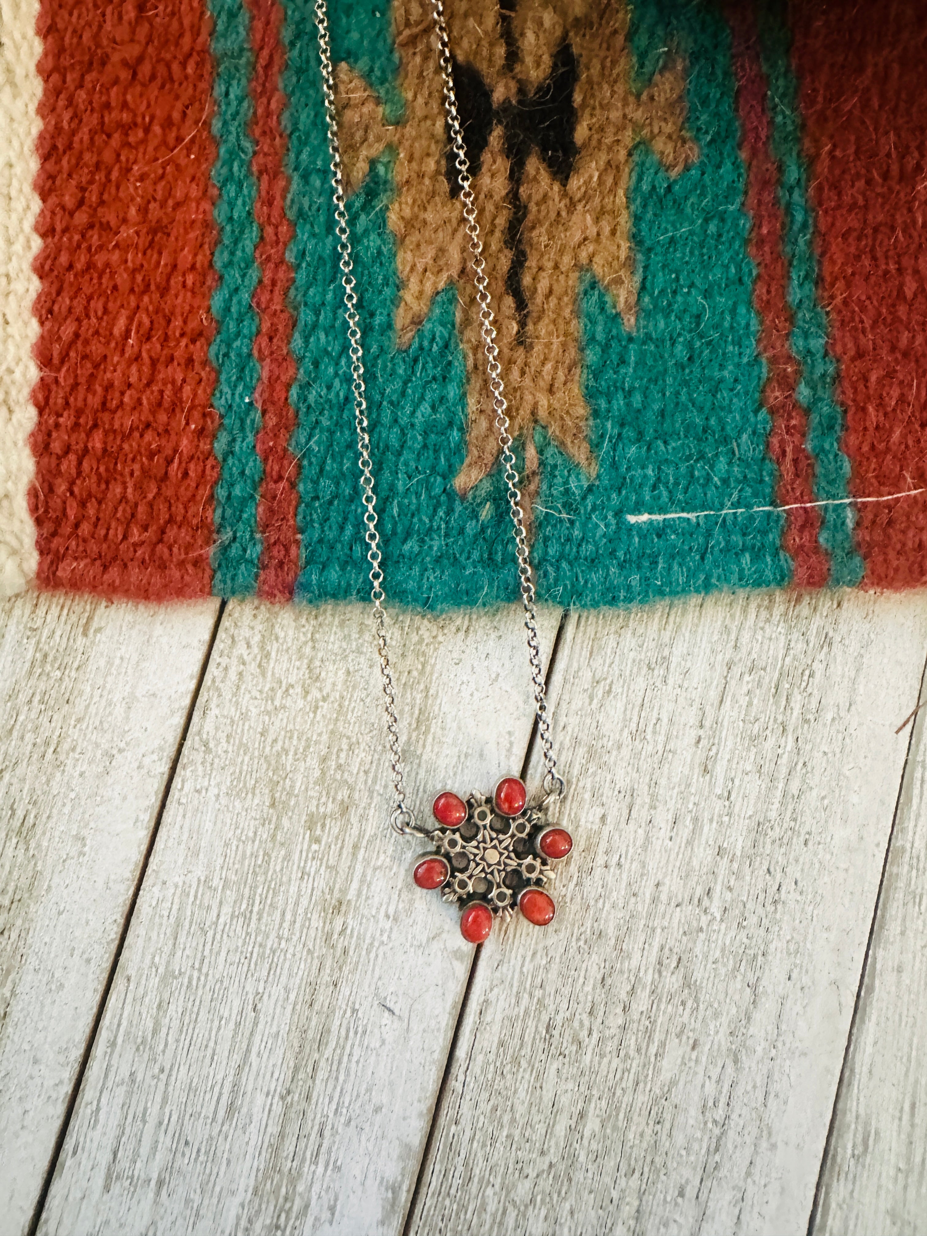 ** Christmas Collection ** Handmade Sterling Silver & Coral Snowflake Necklace Signed Nizhoni