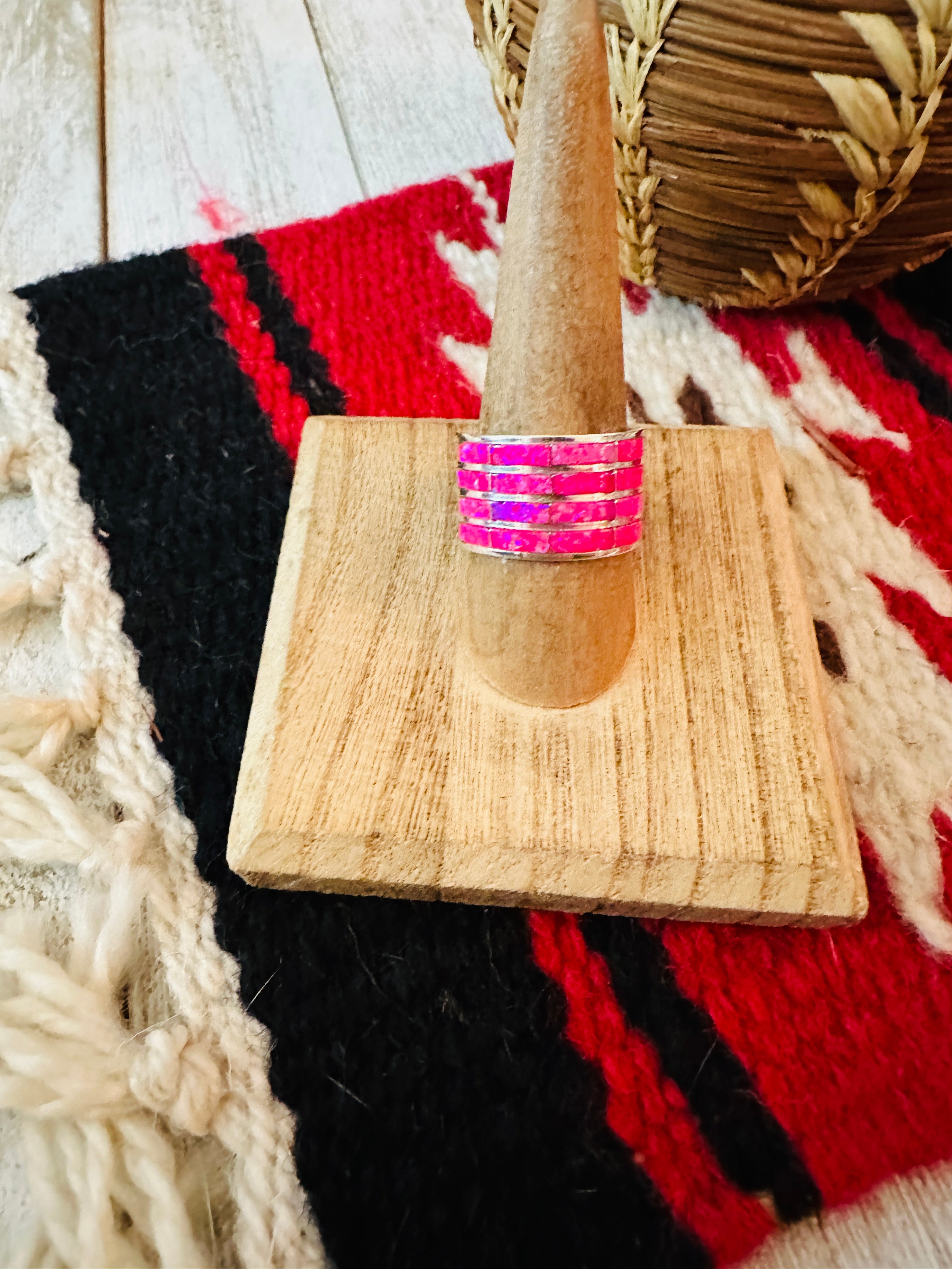 Handcrafted Sterling Silver & Pink Opal Inlay 4 Row Band Ring