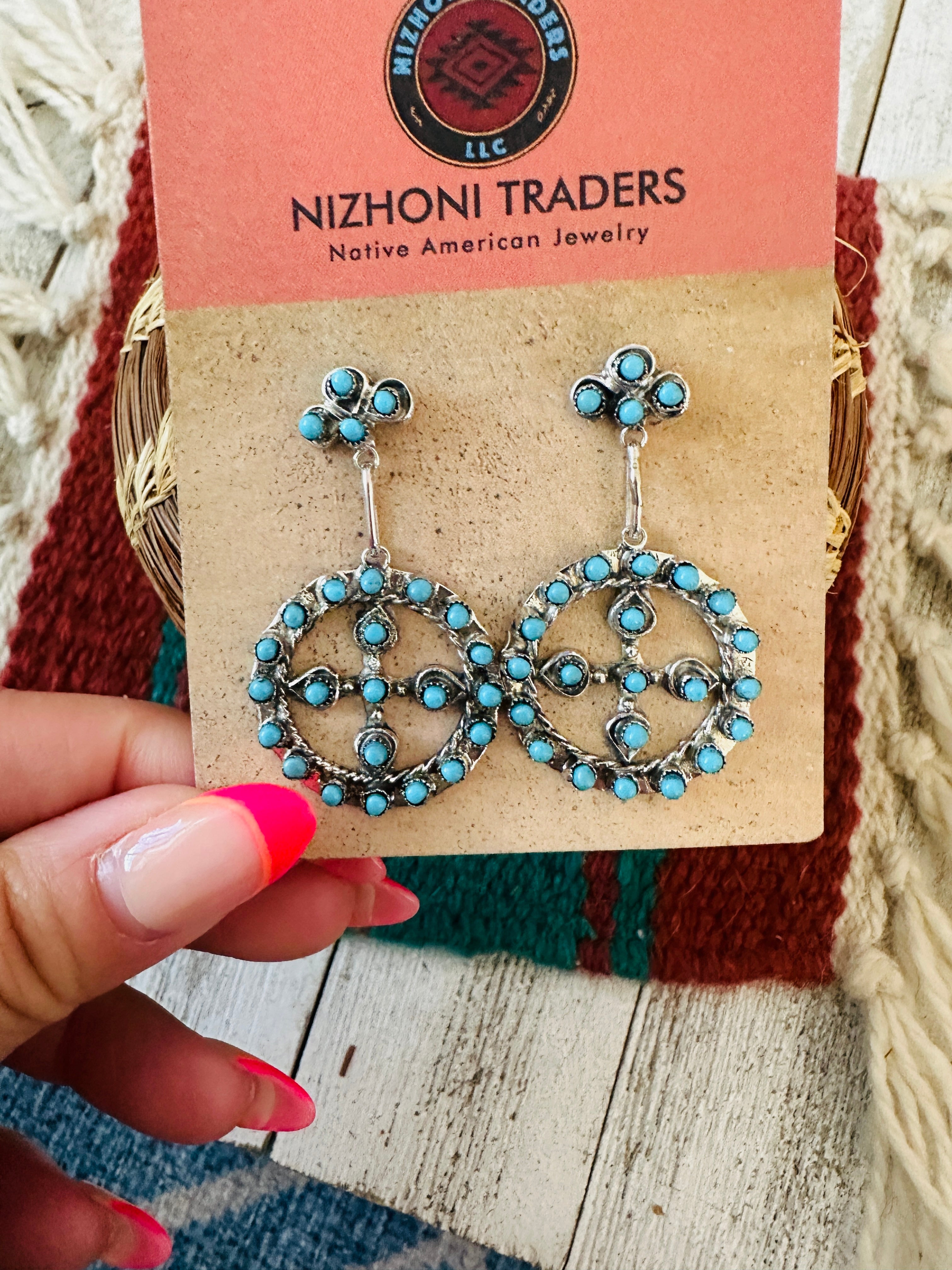 Handcrafted Sterling Silver & Turquoise Petit Point Dangle Earrings