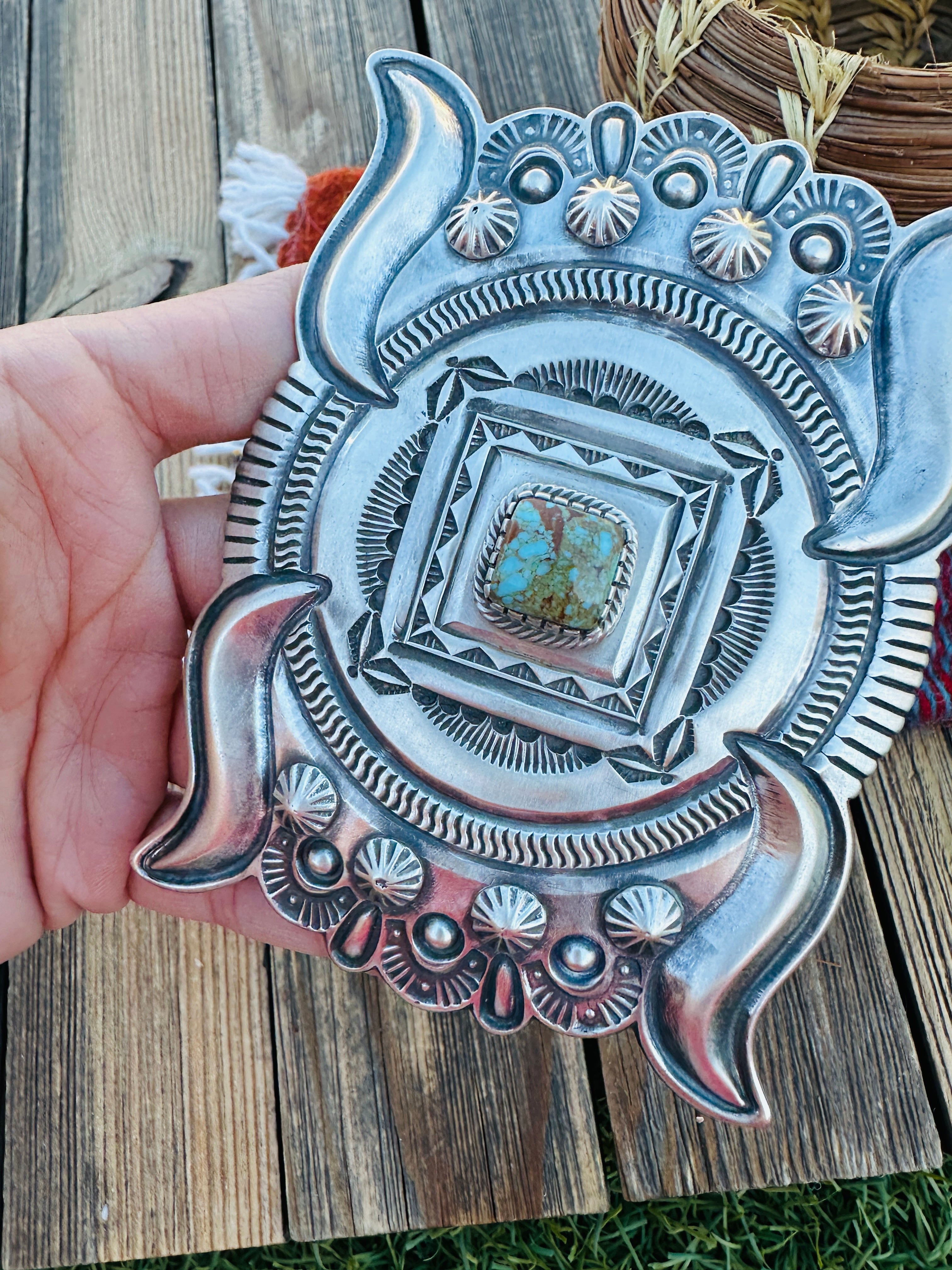 Handcrafted Number 8 Turquoise & Sterling Silver Belt Buckle by Roland Dixson