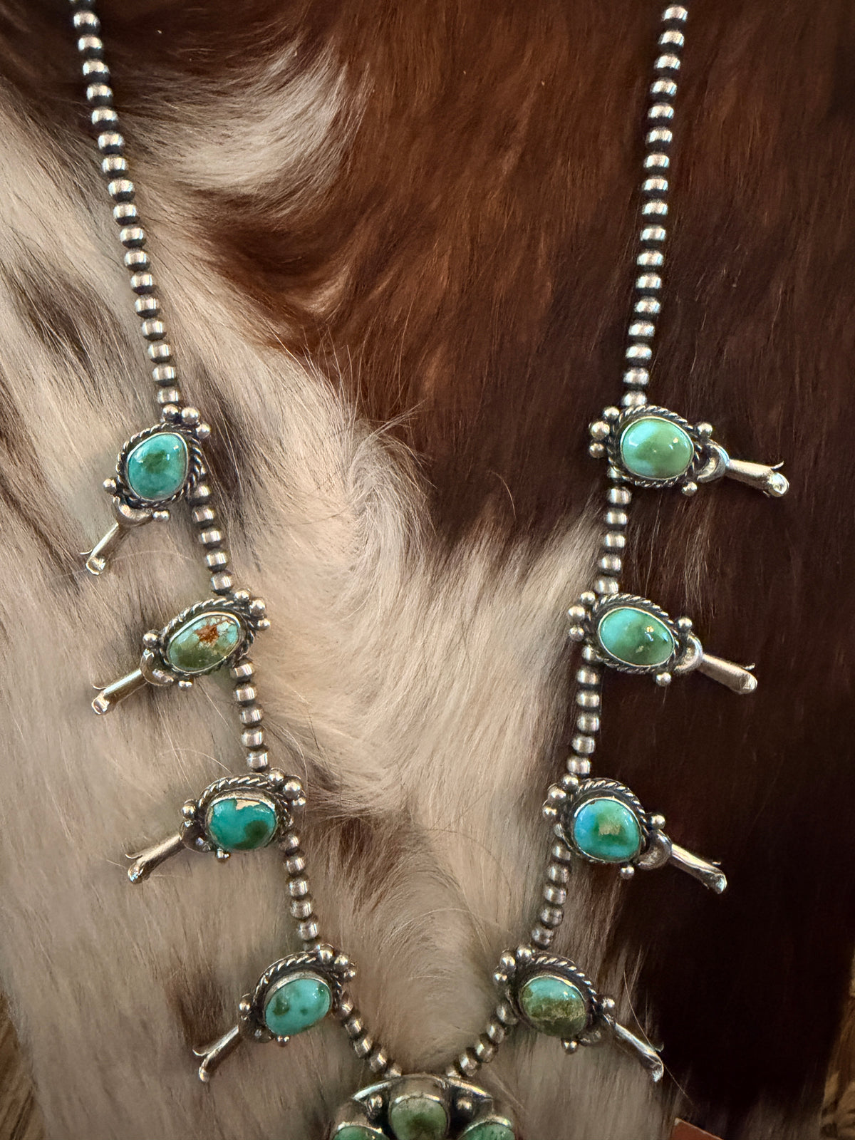 Handcrafted Sonoran Mountain Turquoise & Sterling Silver Squash Blossom Necklace and Earring Set by Larry Kaye