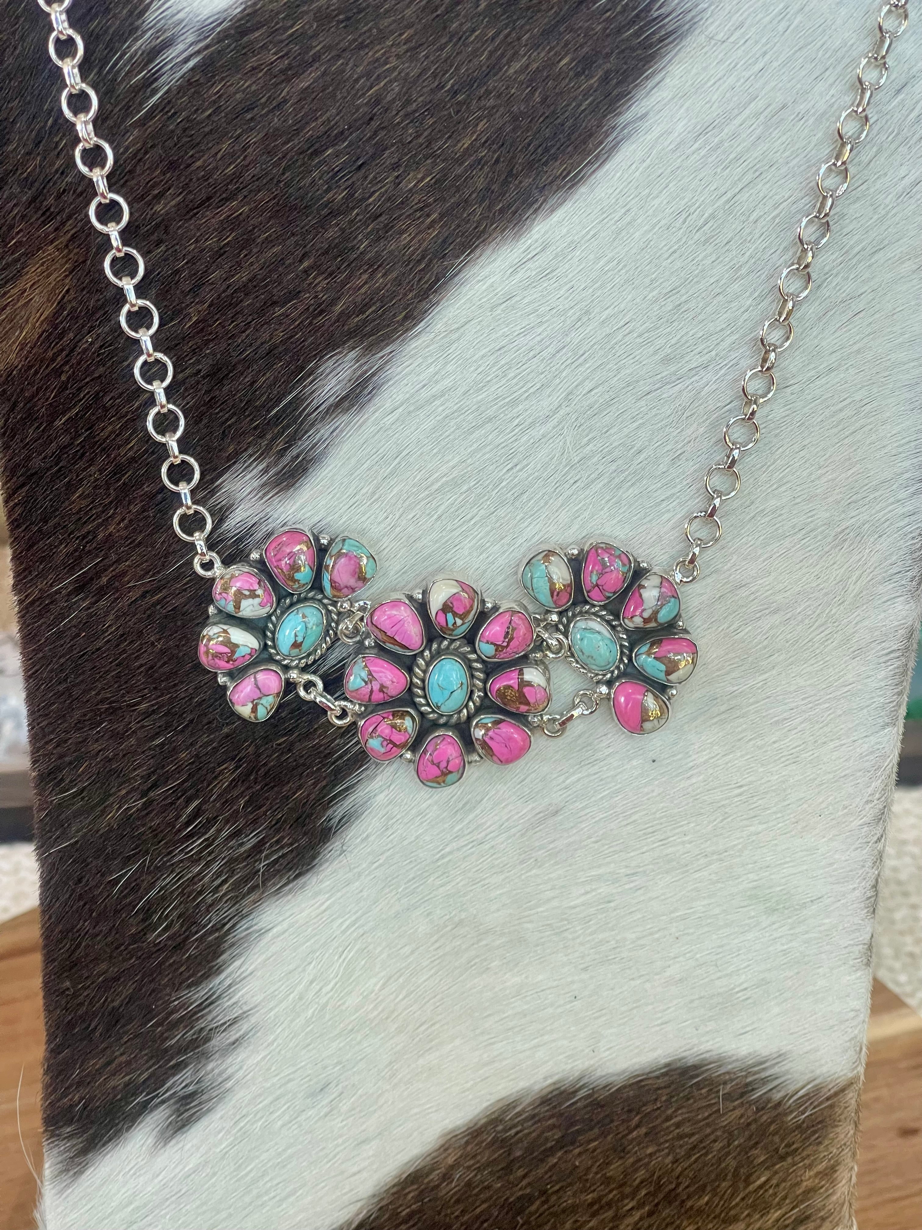 Handmade Sterling Silver Cotton Candy Turquoise Necklace with Signed Nizhoni