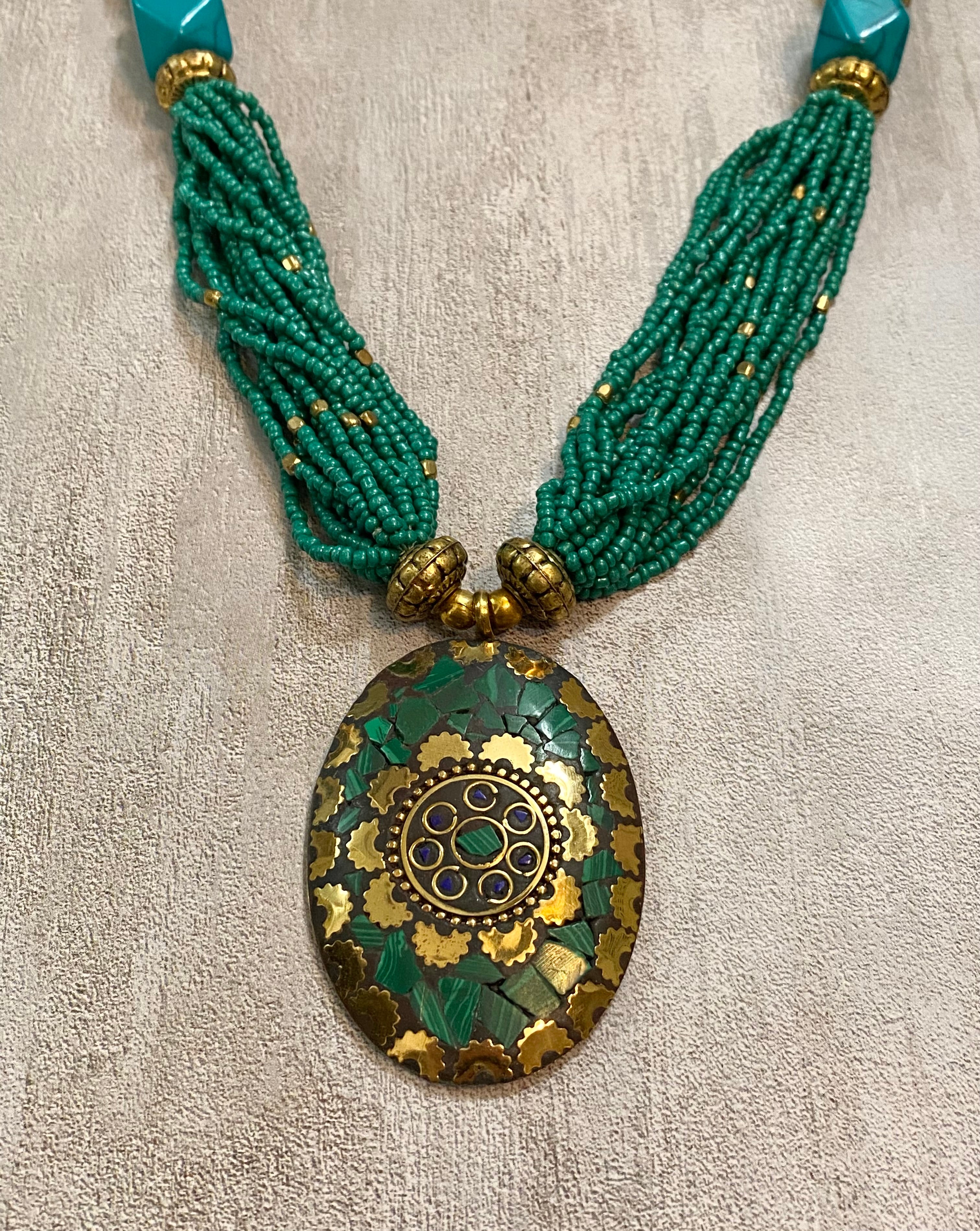 Gold Tone Bohemian Turquoise Colored Beaded Statement Necklace