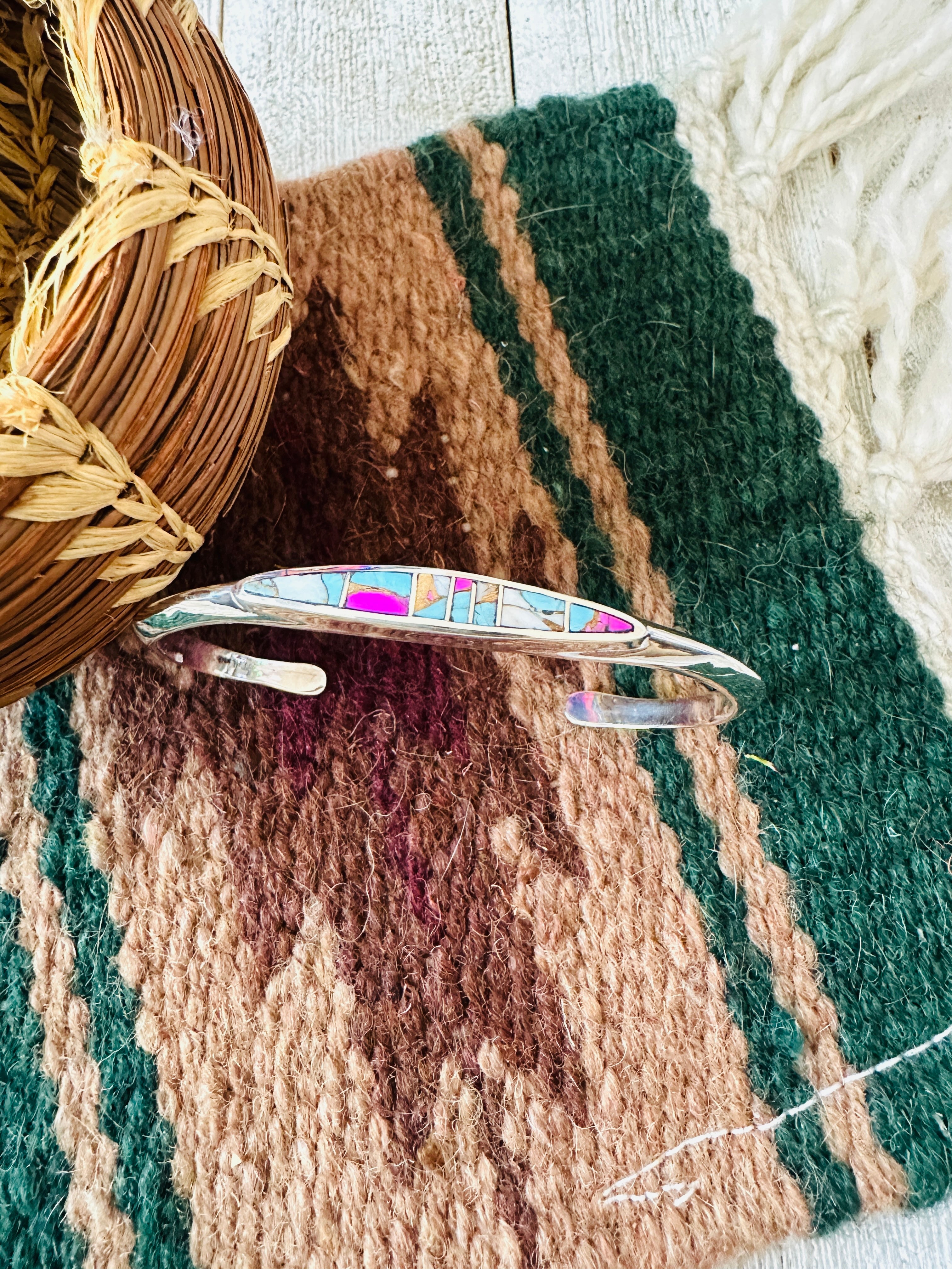 Handcrafted Cotton Candy & Sterling Silver Inlay Cuff Bracelet