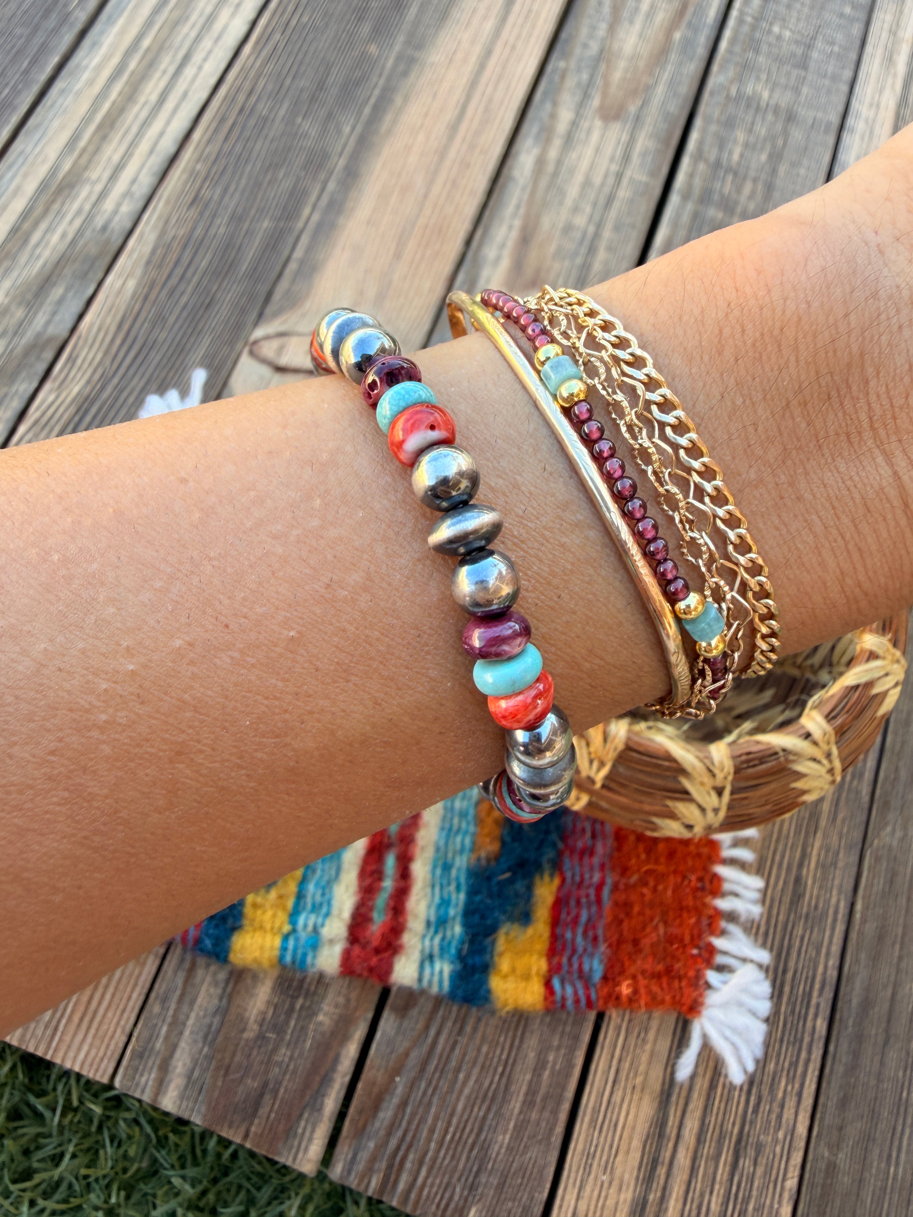 Handcrafted Spiny Oyster, Turquoise & Sterling Silver Beaded Stretch Bracelet