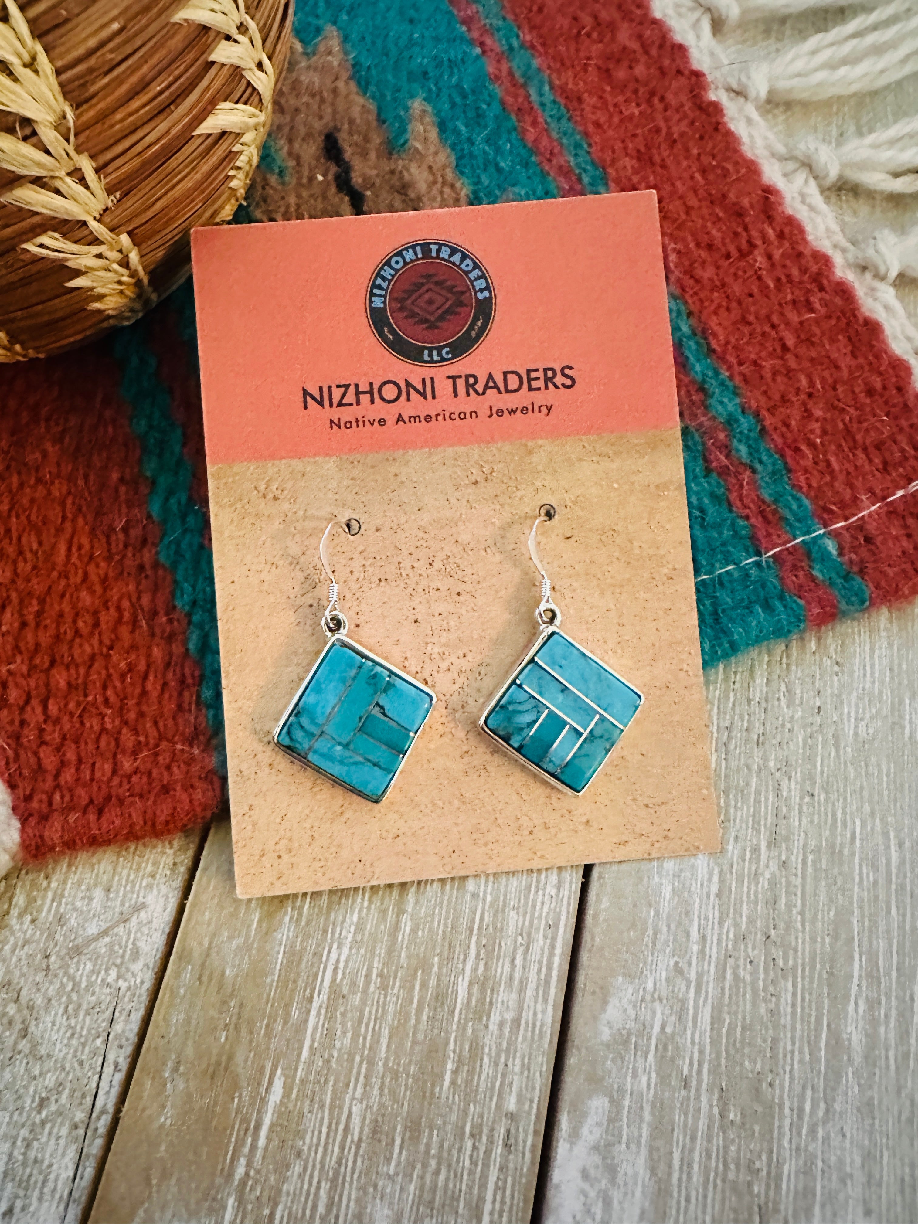Handcrafted Turquoise & Sterling Silver Inlay Dangle Earrings
