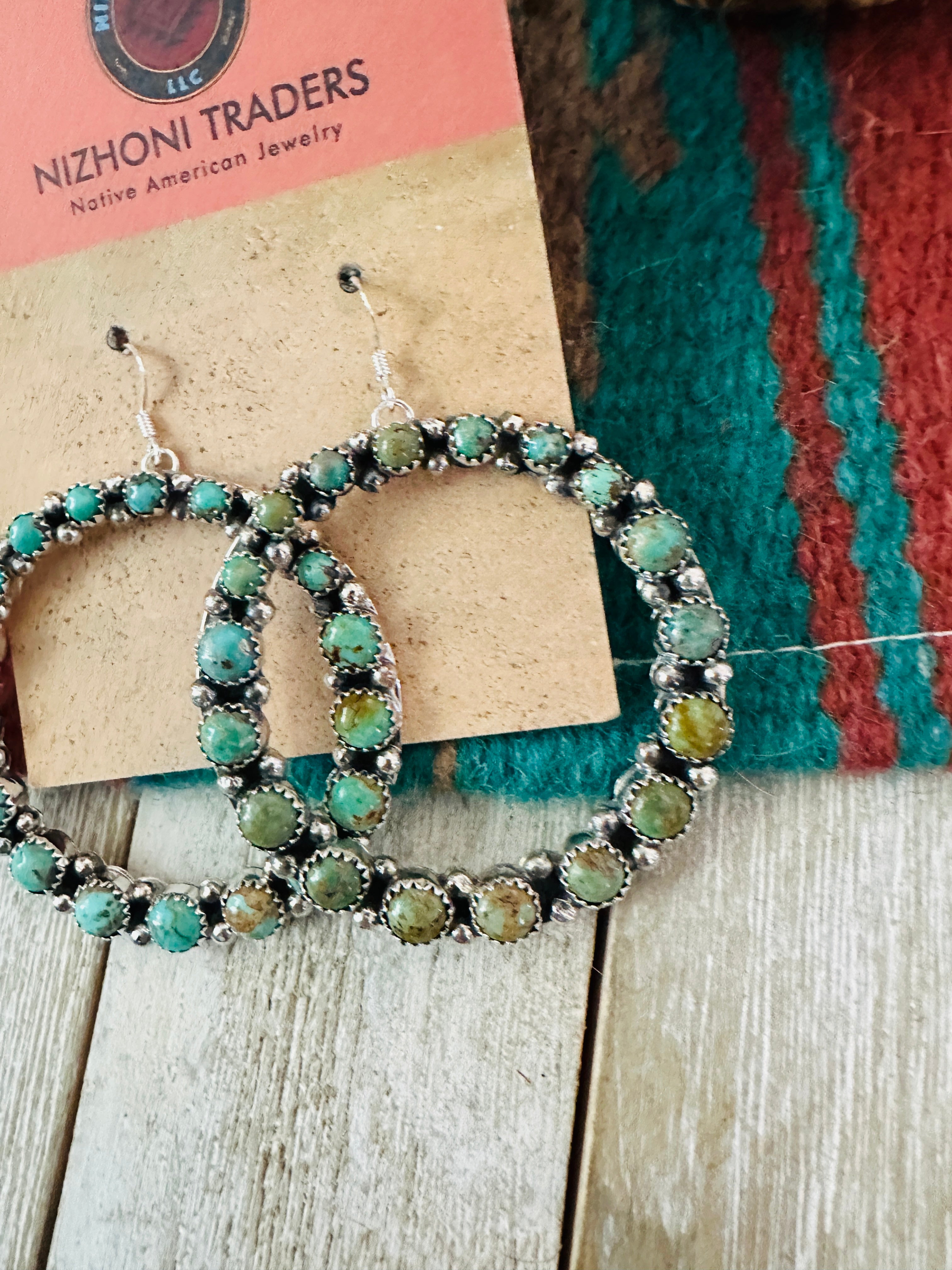 Navajo Turquoise and Sterling Silver Dangle Hoop Earrings