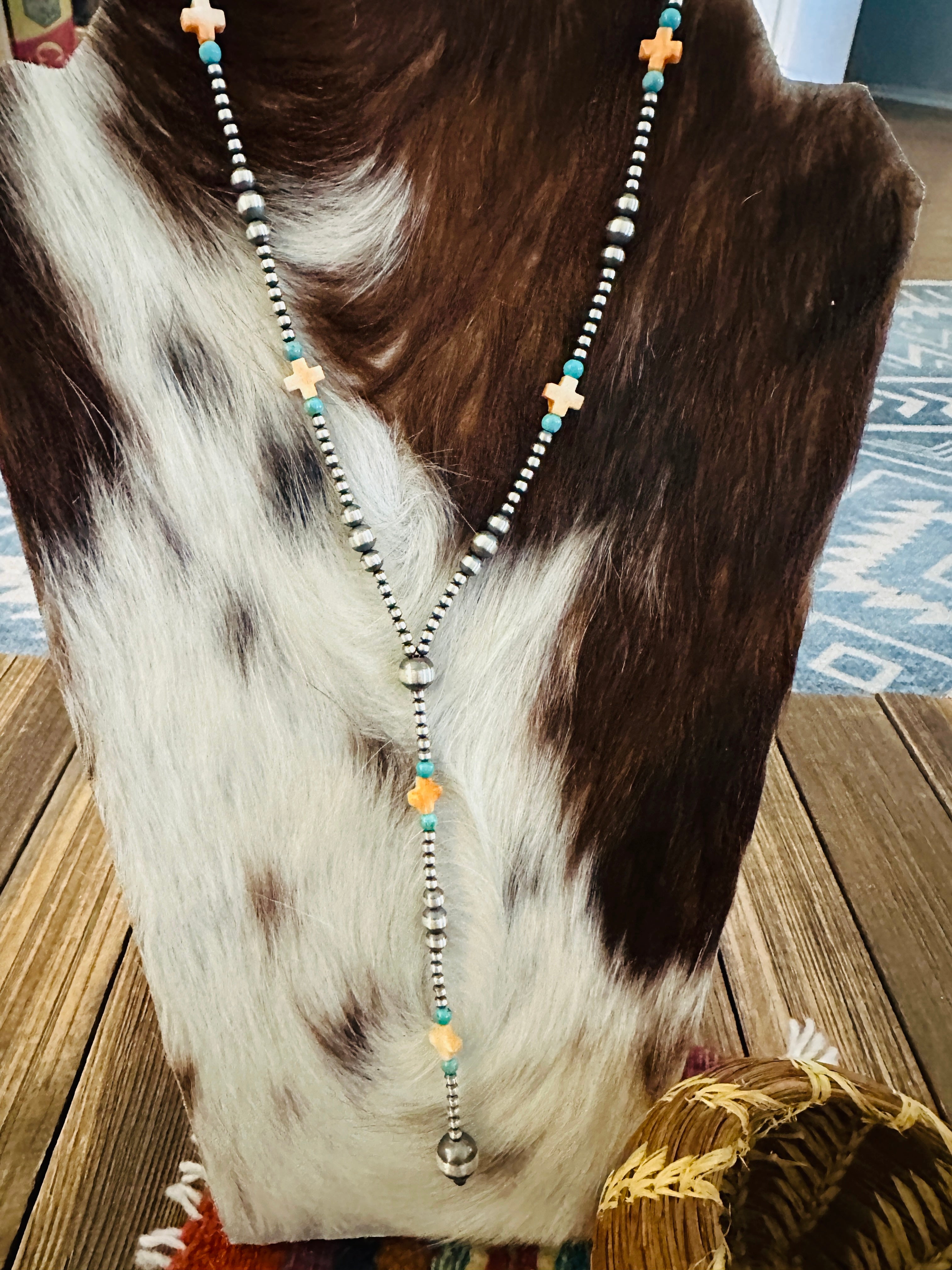 Handcrafted Turquoise, Spiny Oyster & Sterling Silver Pearl 20” Beaded Lariat Necklace