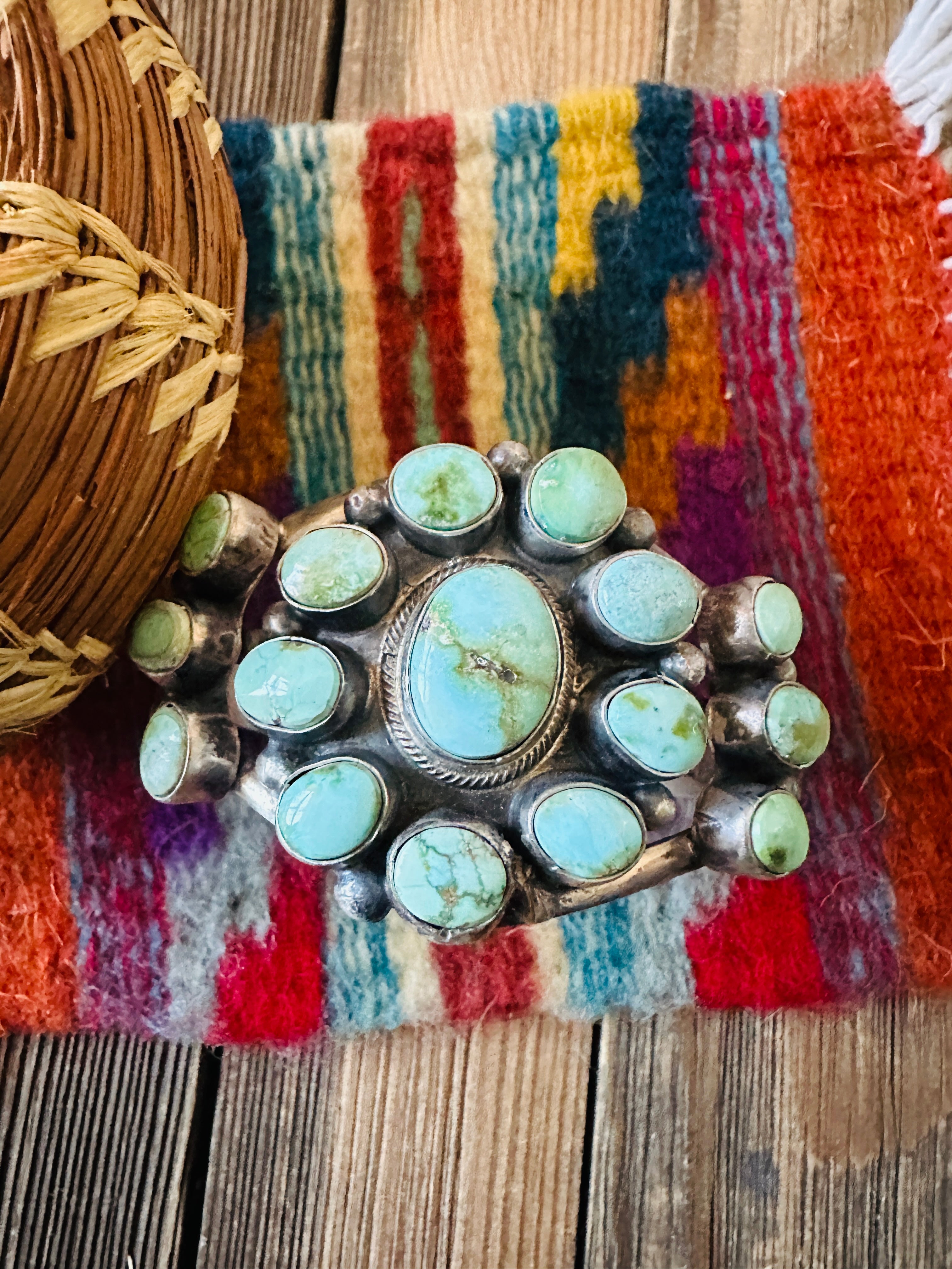 Handcrafted Sonoran Mountain Turquoise & Sterling Silver Cluster Cuff Bracelet by Bobby Johnson