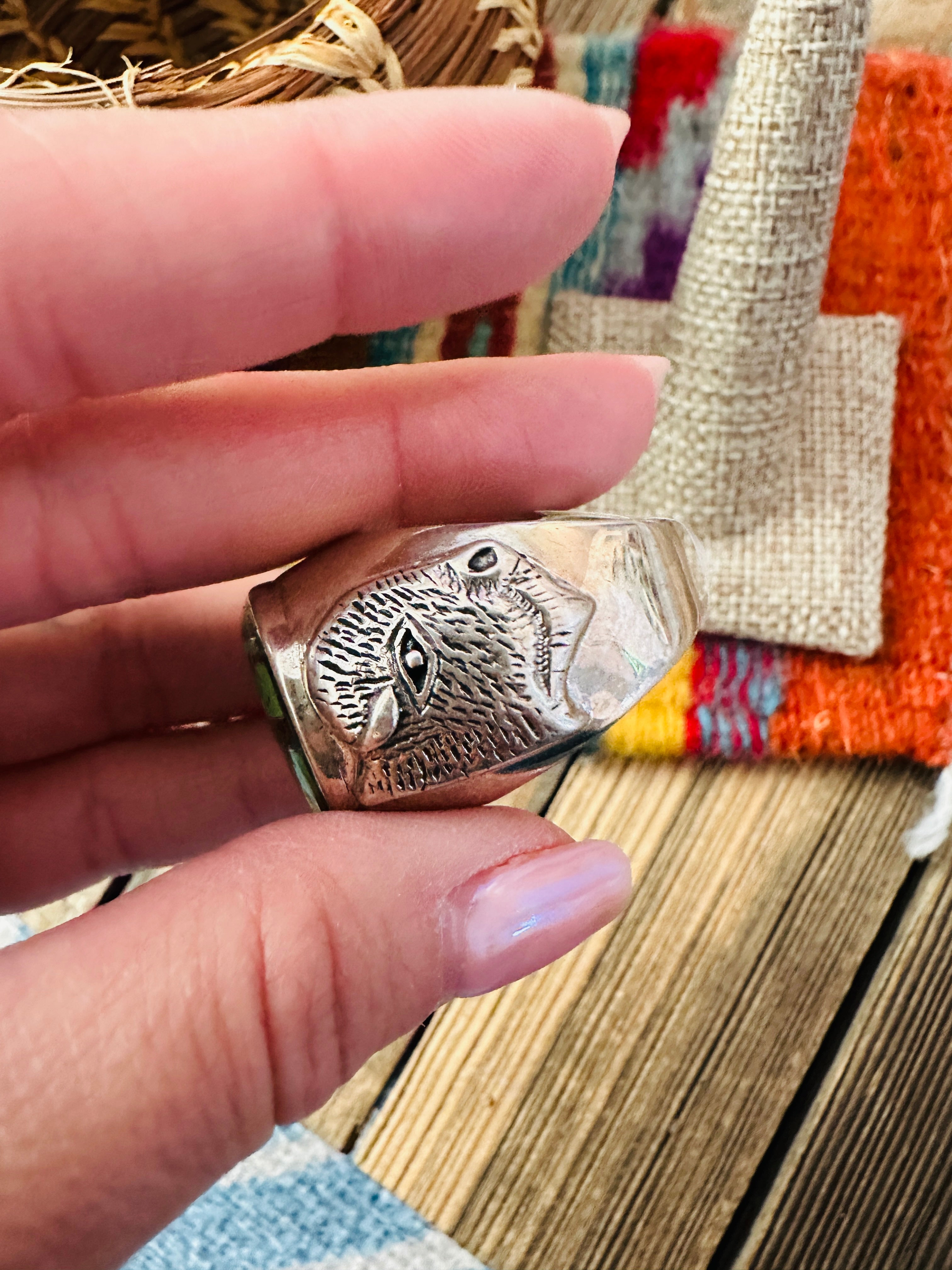 Handcrafted Sterling Silver & Turquoise Inlay Ring Size 12.5