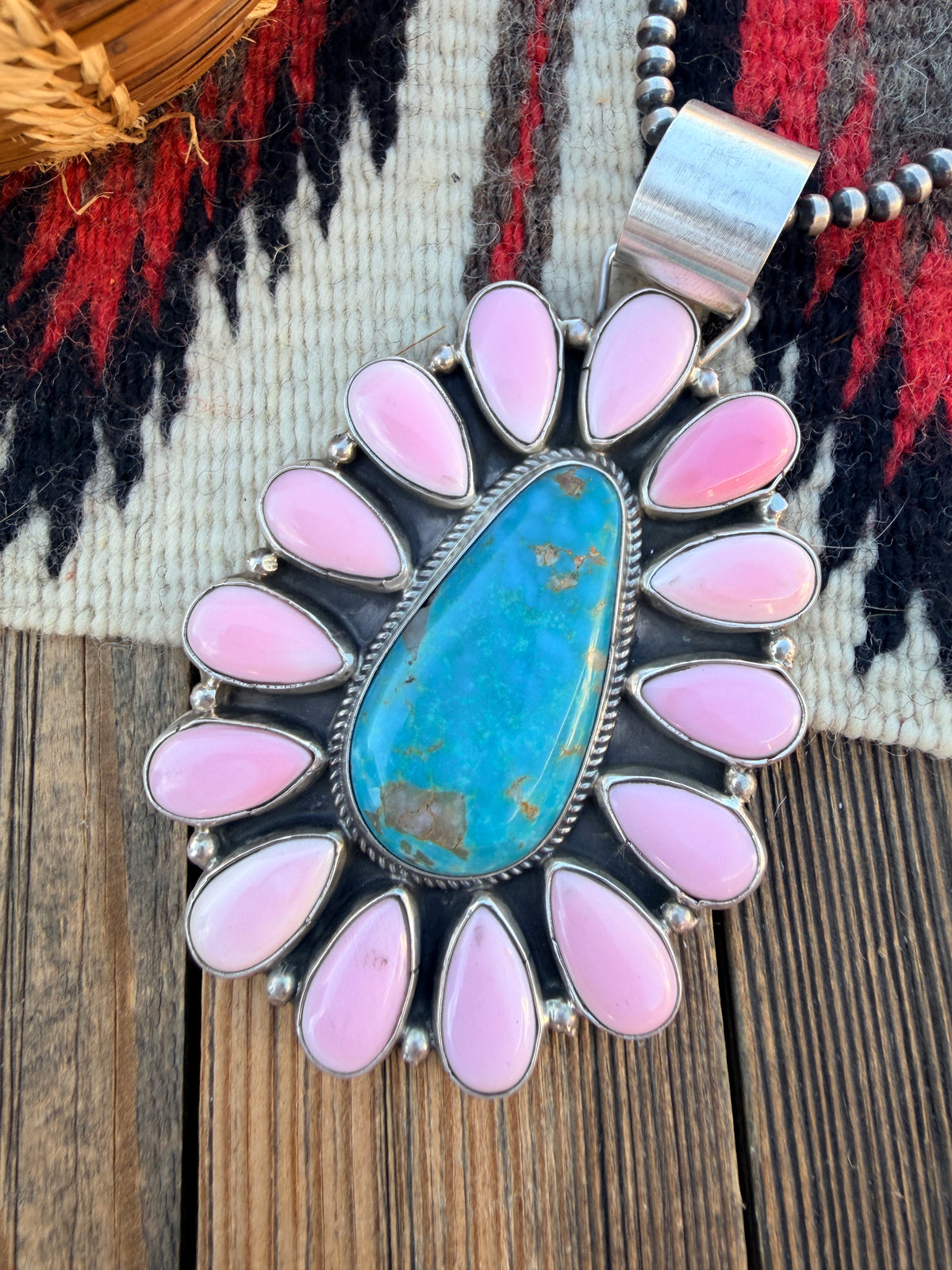 Handcrafted Sterling Silver, Turquoise & Queen Pink Conch Cluster Pendant