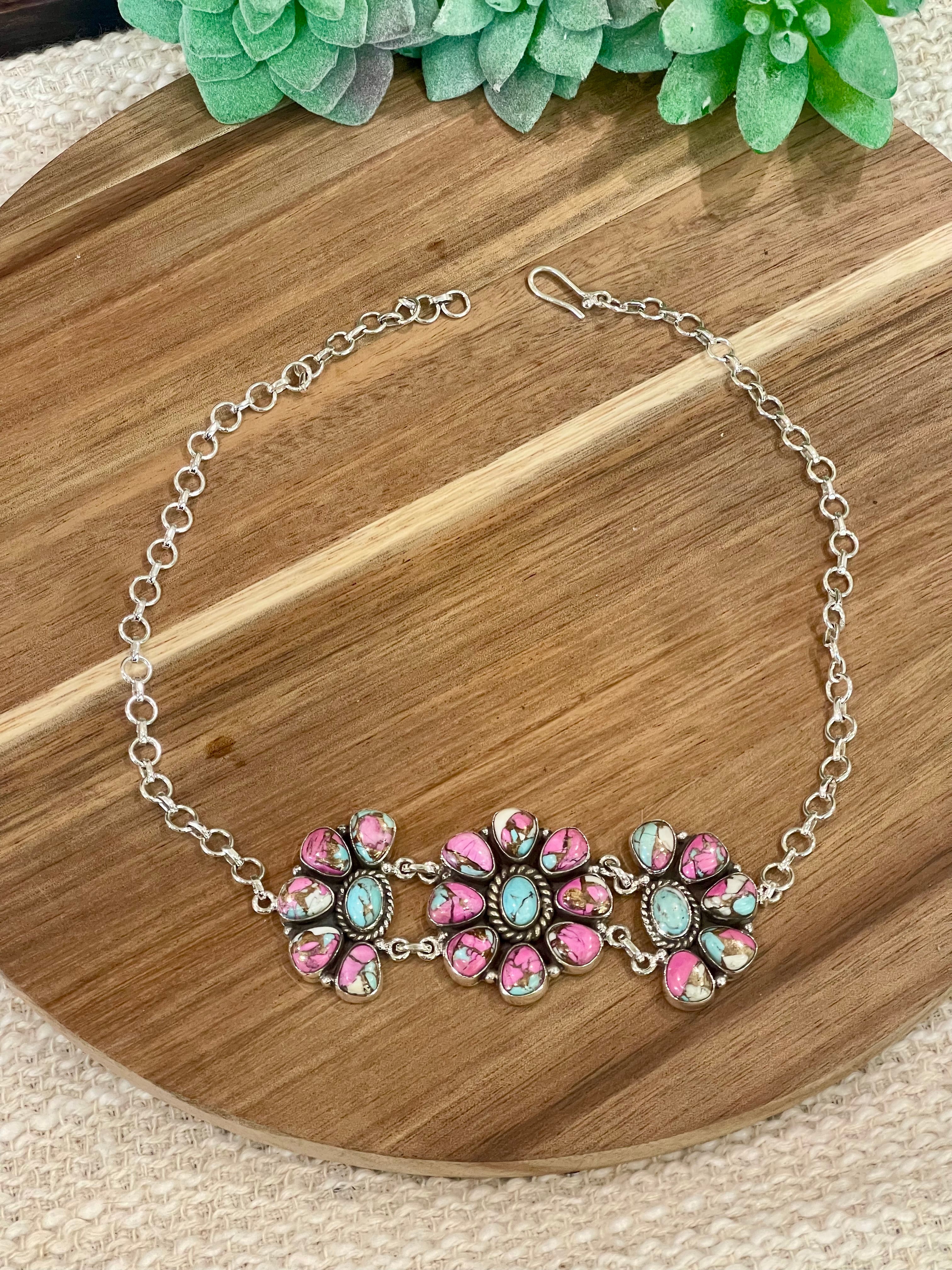 Handmade Sterling Silver Cotton Candy Turquoise Necklace with Signed Nizhoni