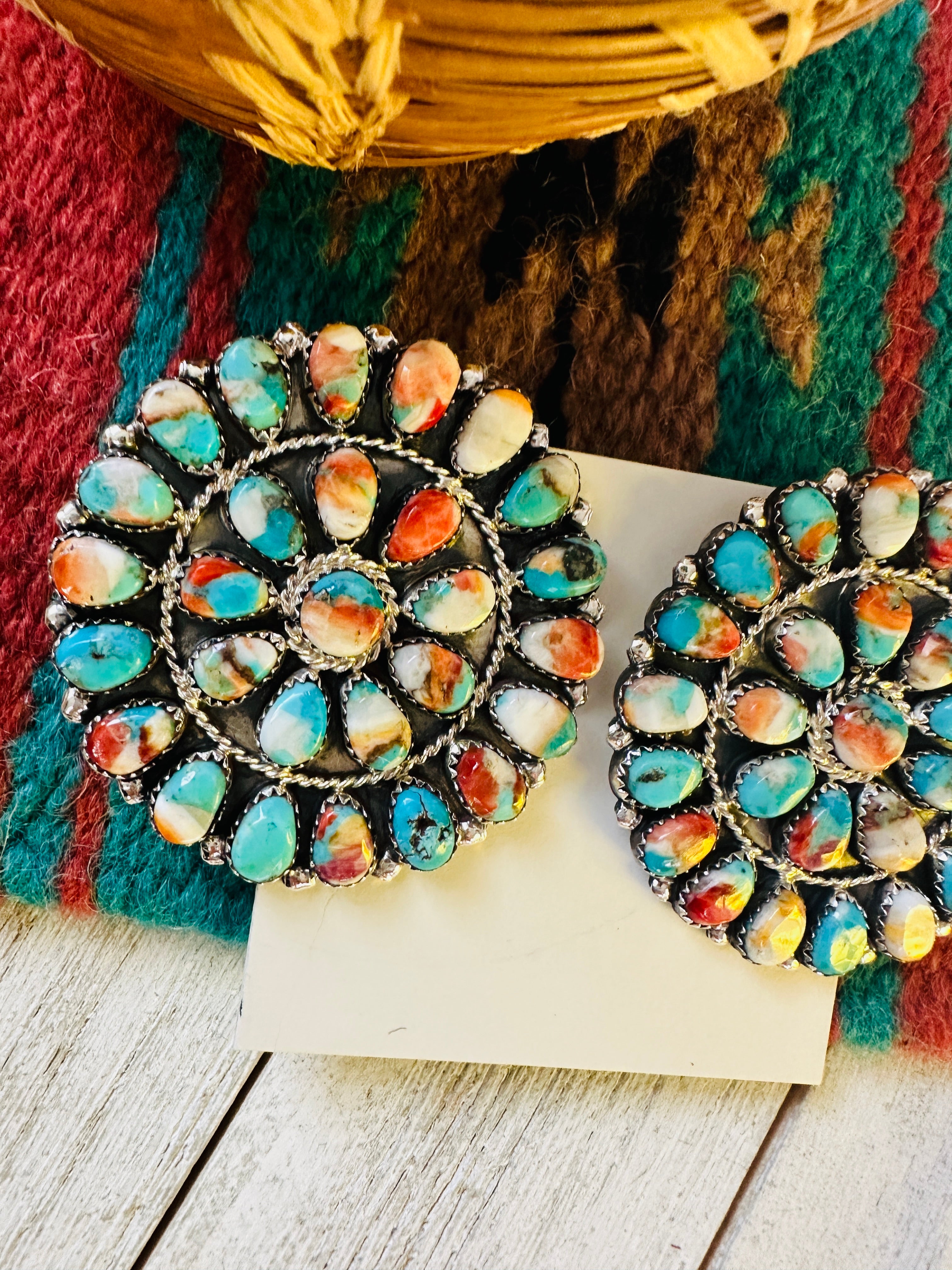 Navajo Multi Stone Spice And Sterling Silver Cluster Post Earrings