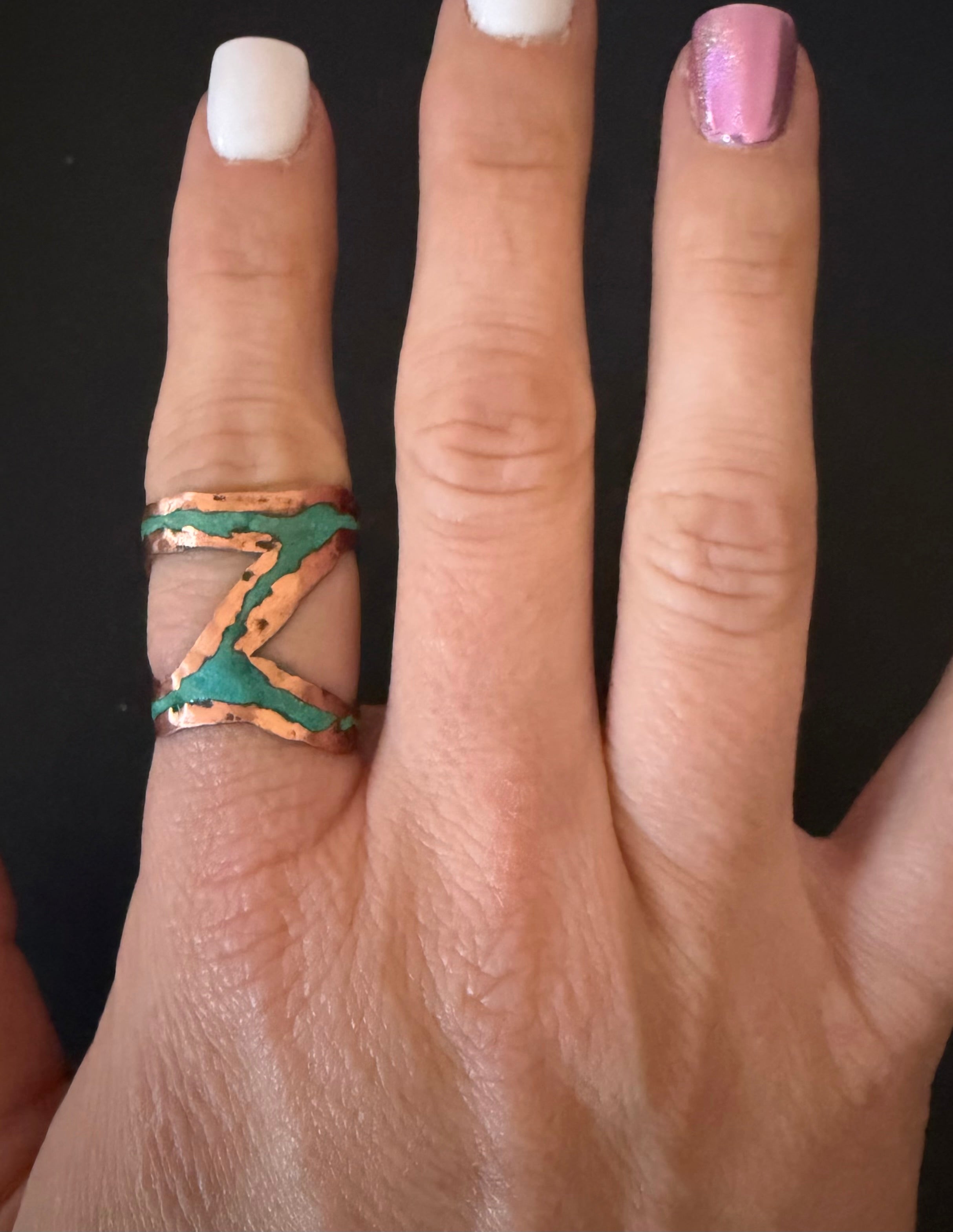 Sterling-Oxidized Lacquer Copper & Turquoise Rio Ring 7.5