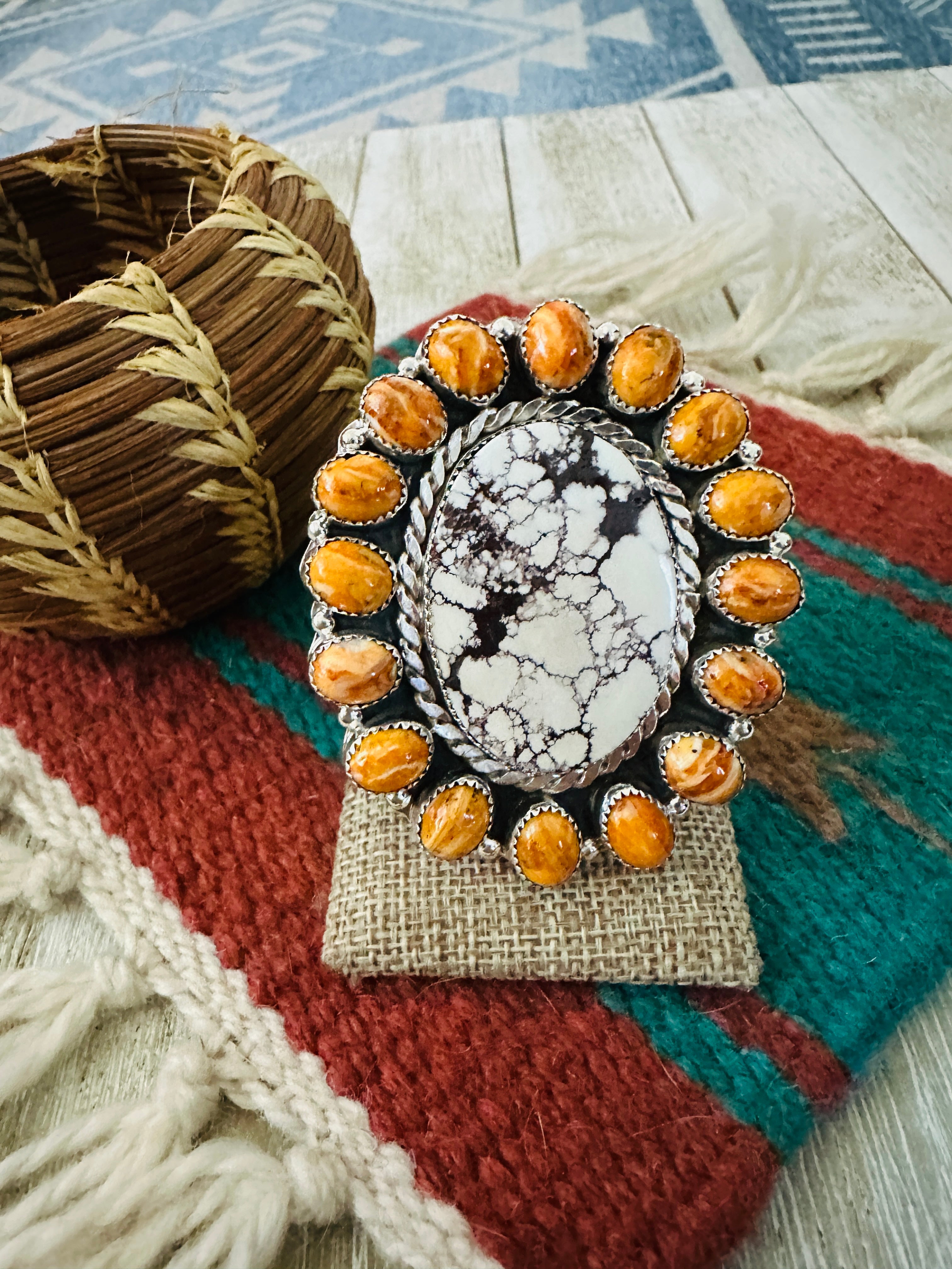 Handcrafted Wild Horse, Spiny Oyster & Sterling Silver Cluster Ring Size 9.5