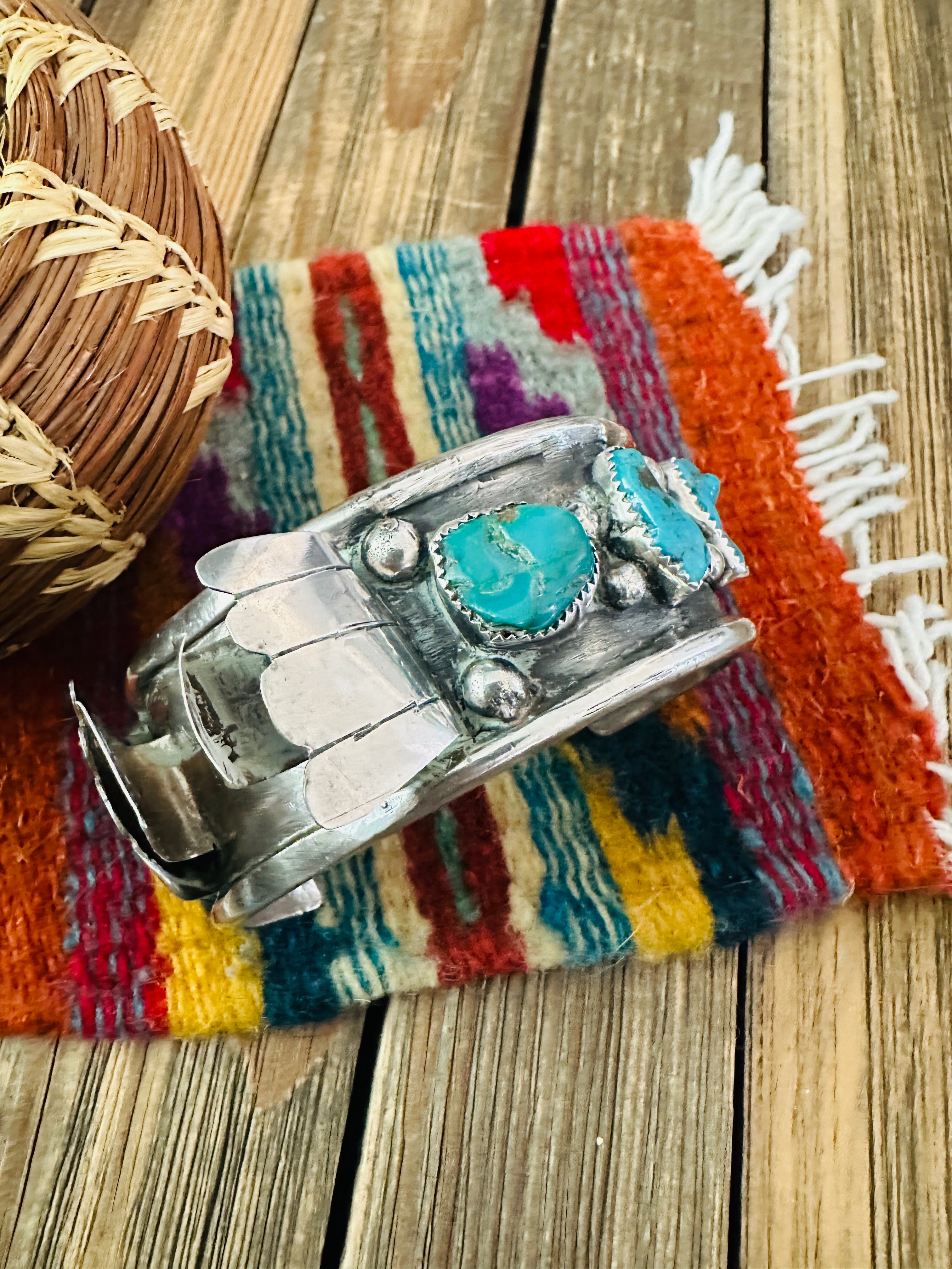 Handcrafted Old Pawn Turquoise & Sterling Silver Watch Cuff Bracelet