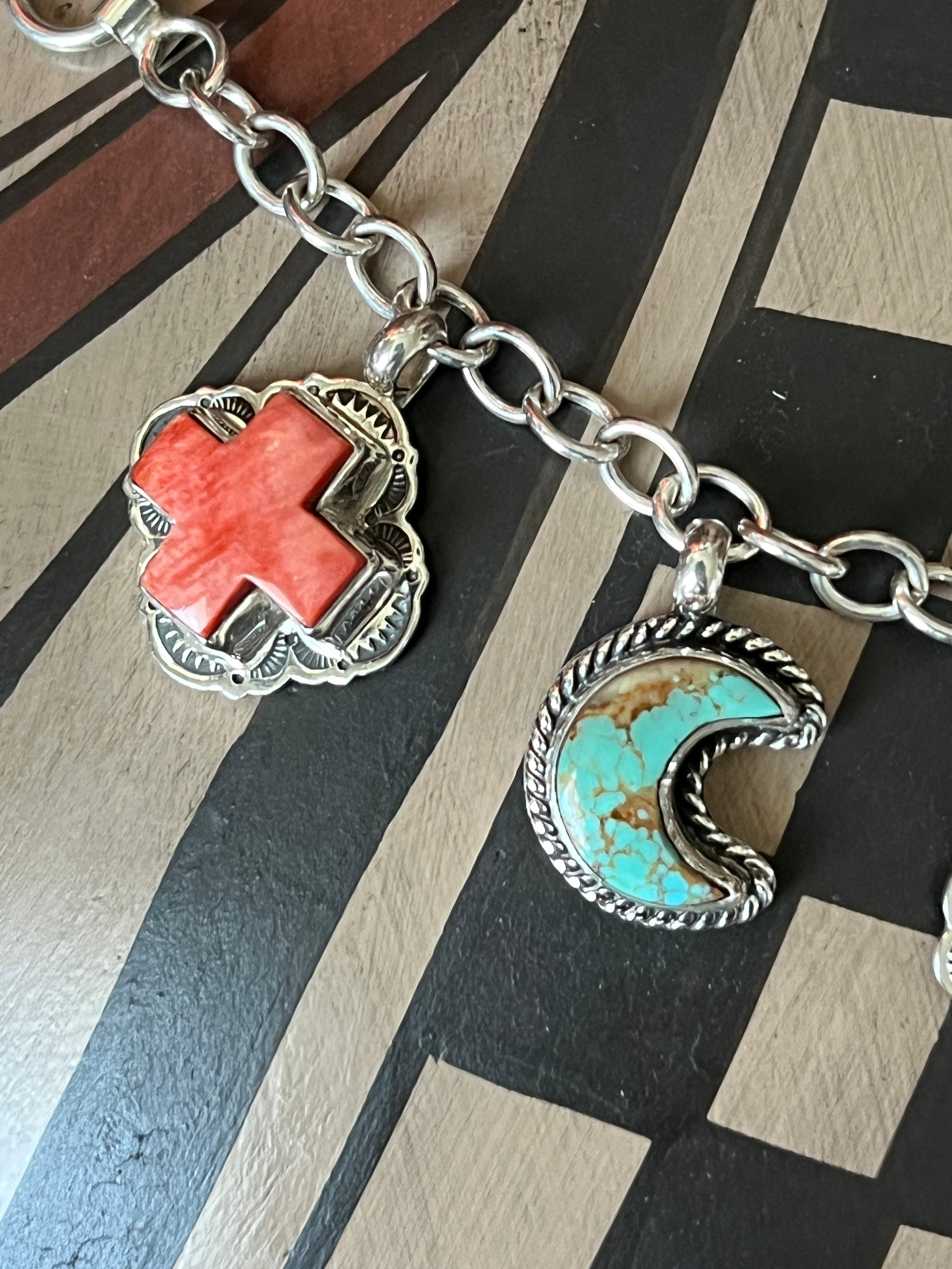 Murphy Platero Handcrafted Sterling Silver, Turquoise and Spiny Oyster Heart Charm Bracelets