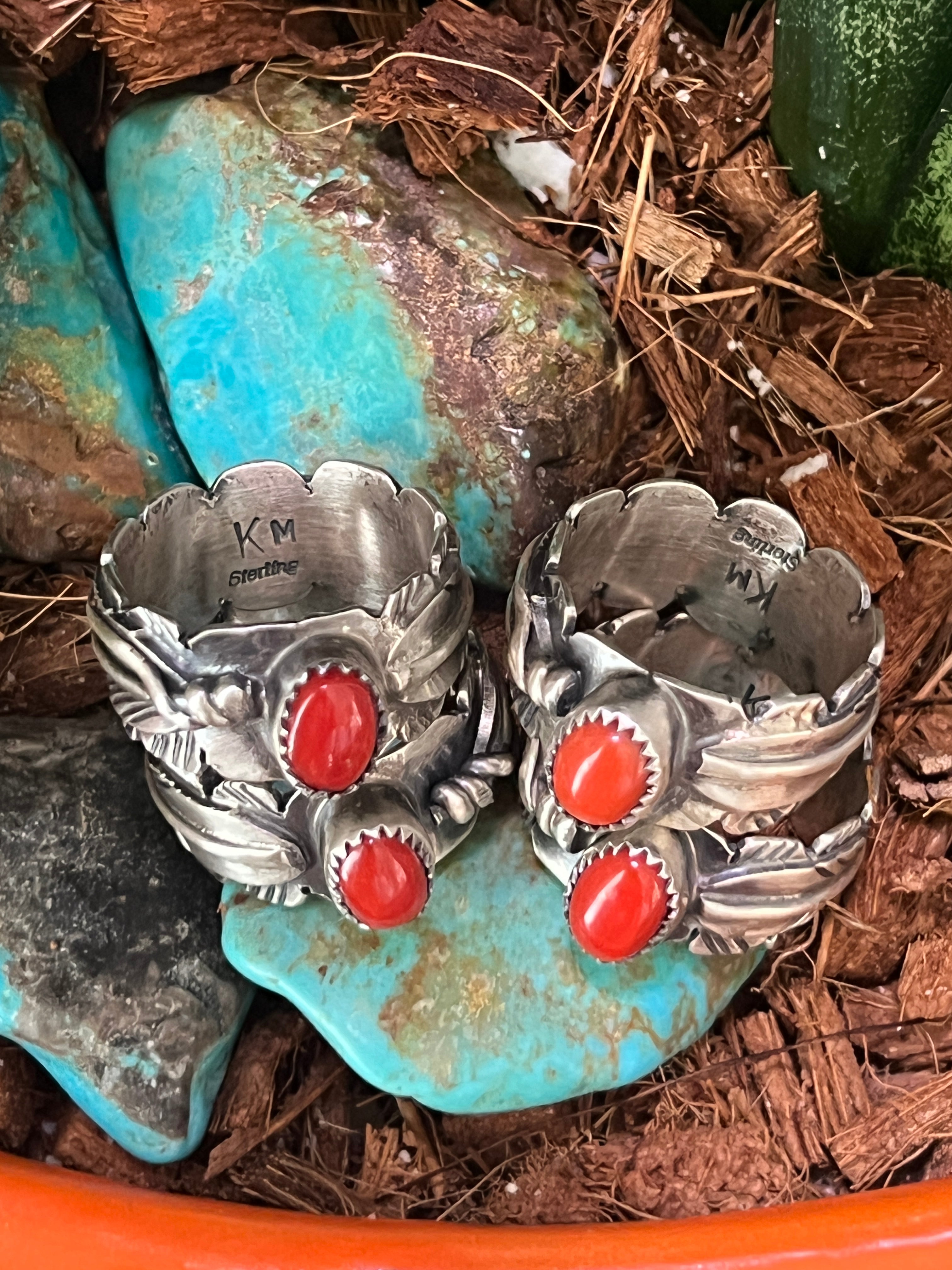 Handcrafted Sterling Silver Stout Feather Rings with Mediterranean Coral, Signed KM