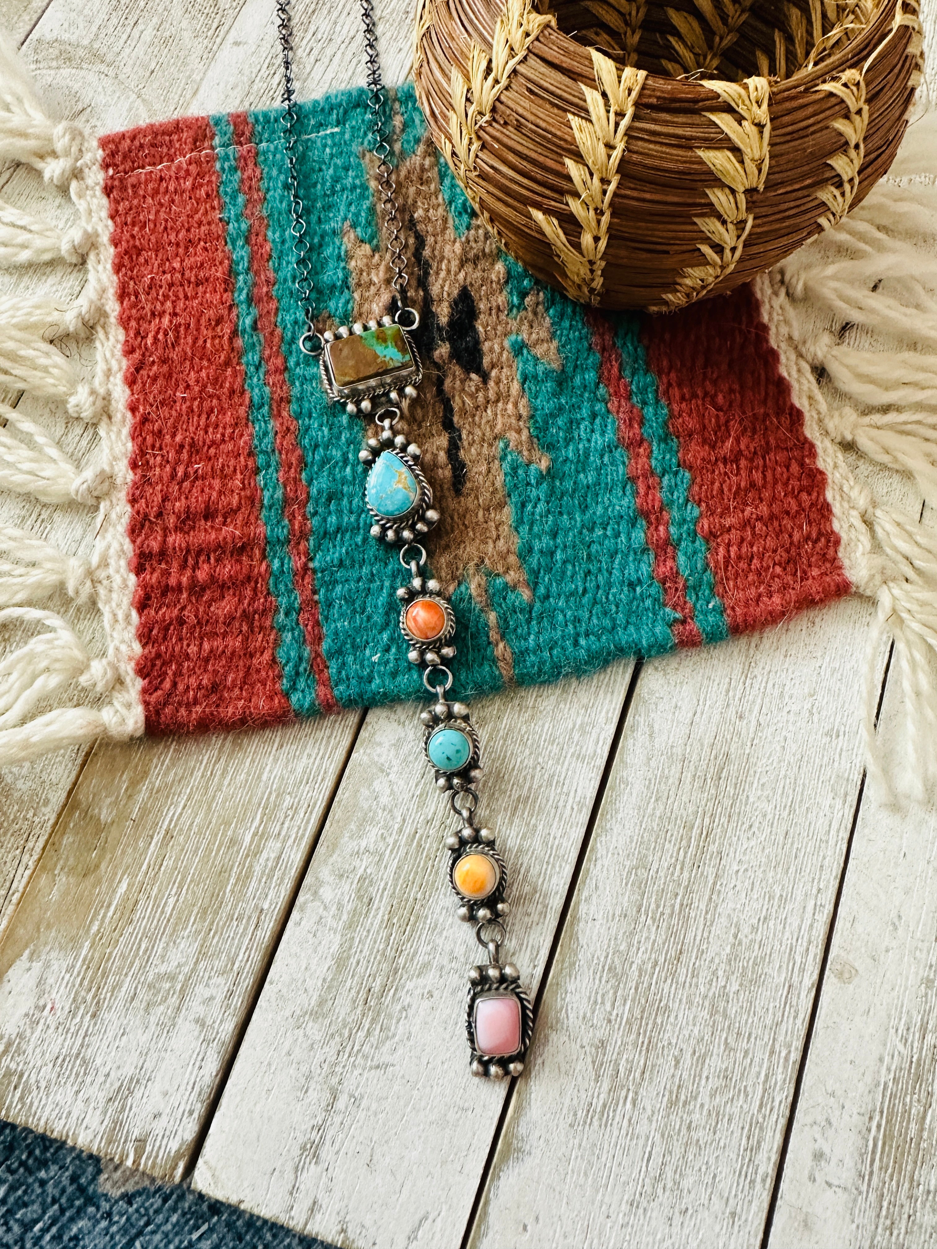 Handcrafted Sterling Silver & Multi Stone Lariat Necklace