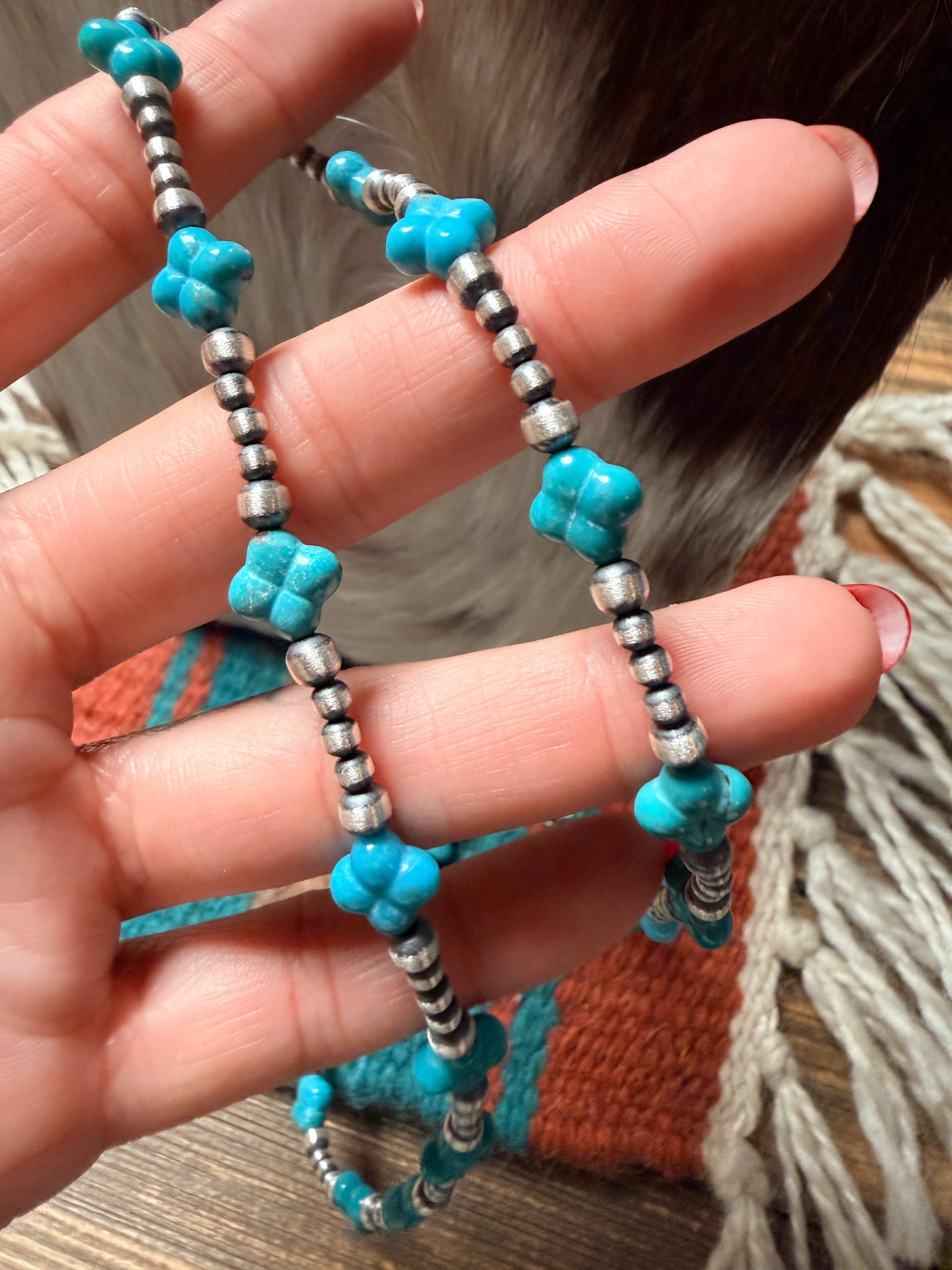 Handcrafted Turquoise & Sterling Silver Pearl 20" Beaded Necklace