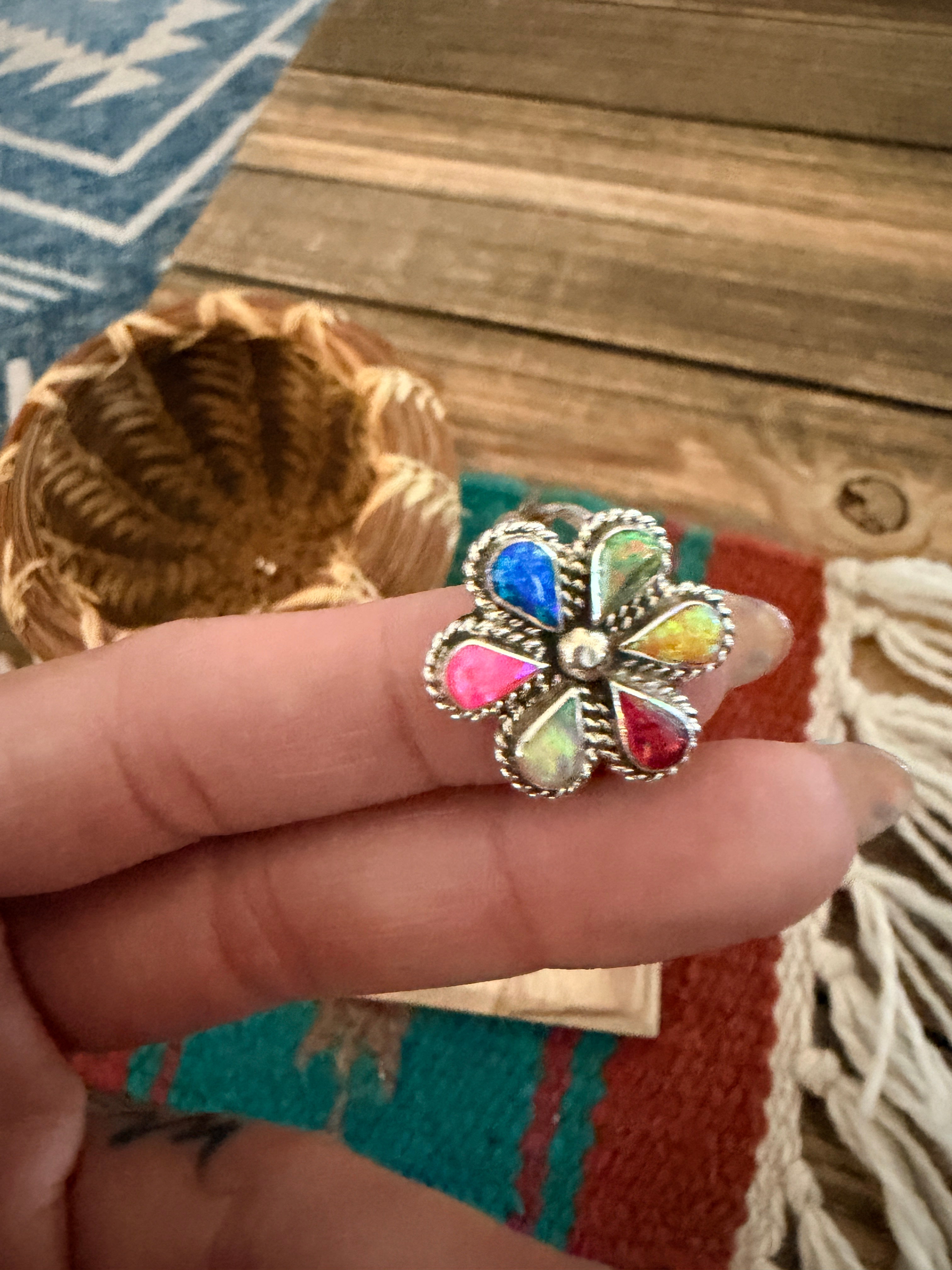 Handcrafted Multicolor Opal & Sterling Silver Ring Size 7.25