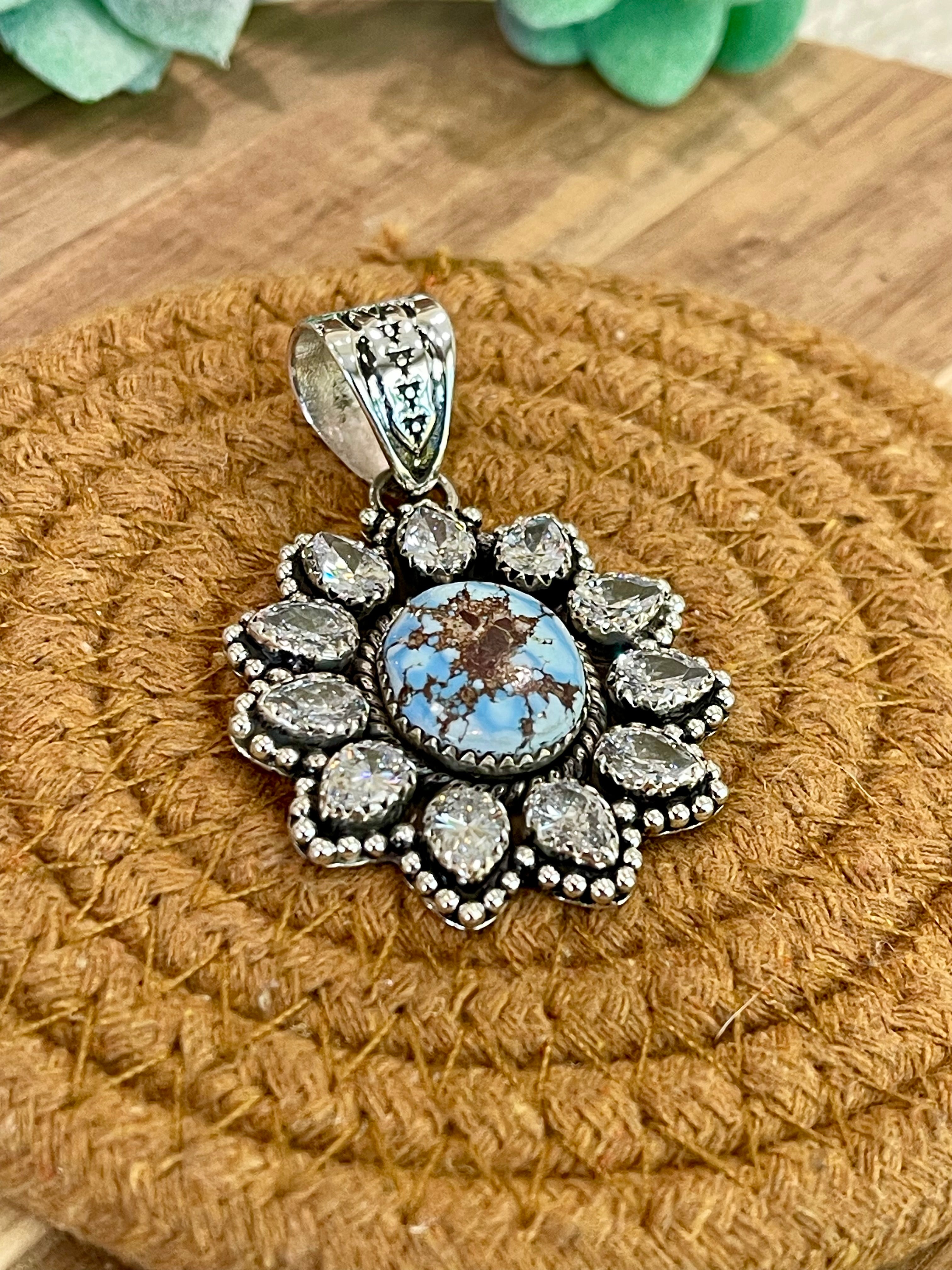 Handmade Golden Hills Turquoise, Sterling Silver & CZ Cluster Pendant Signed Nizhoni