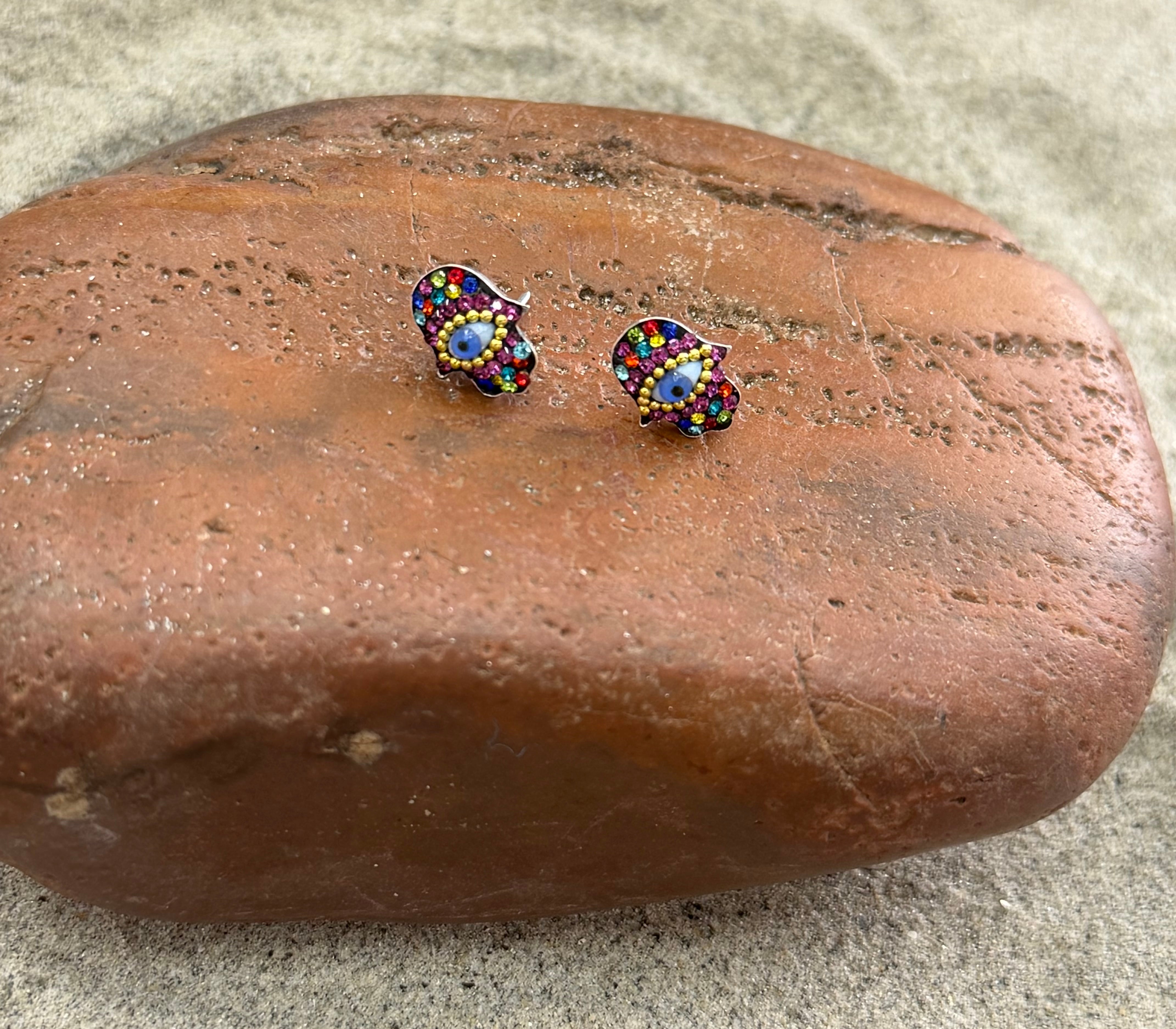 Hamsa Multi-Color Evil Eye Sterling Silver Stud Earrings