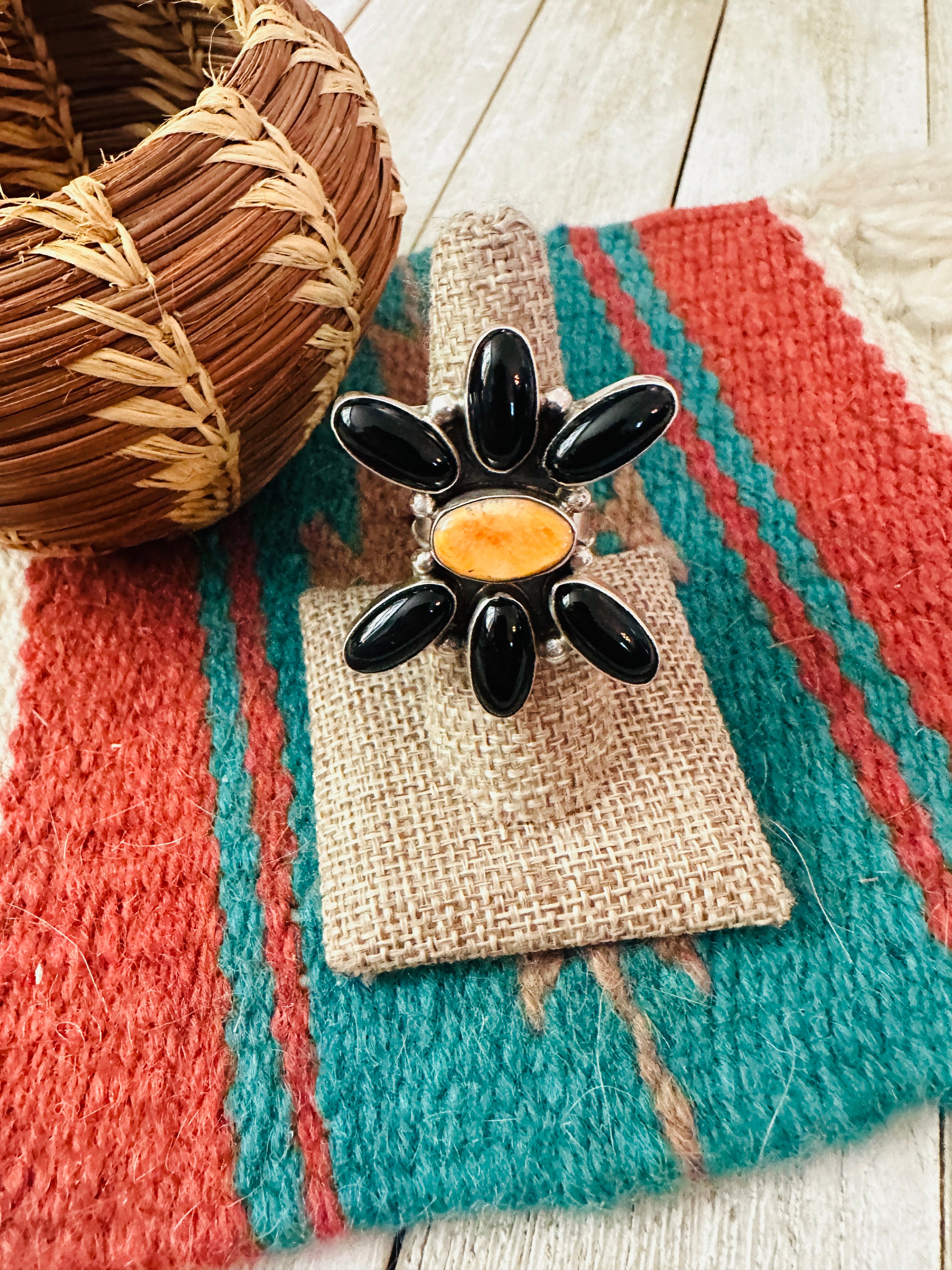 Handcrafted Onyx, Spiny Oyster & Sterling Silver Adjustable Ring by Jacqueline Silver