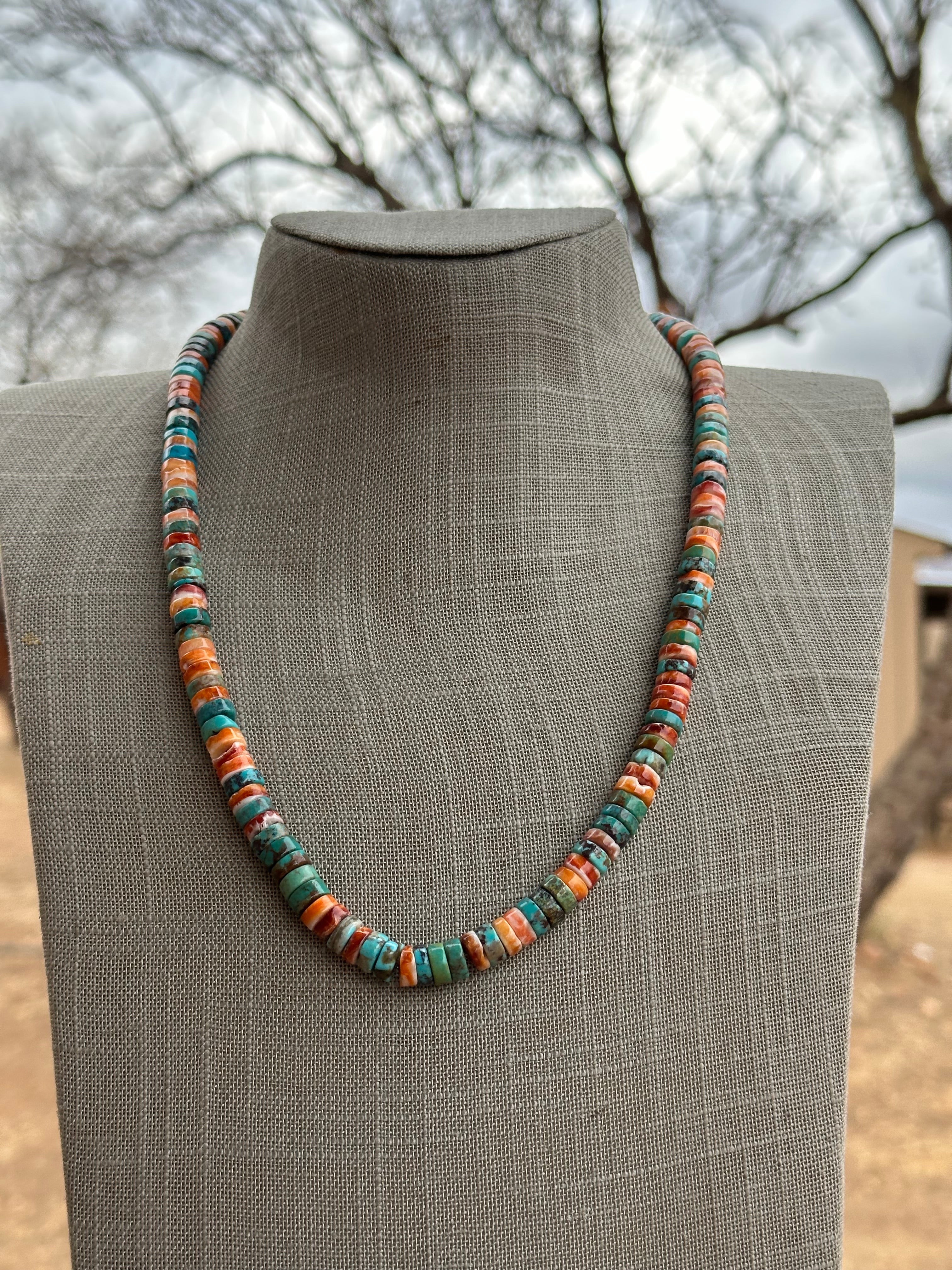 Handcrafted Kingman Turquoise & Spiny Sterling Silver 8mm Beaded Necklace