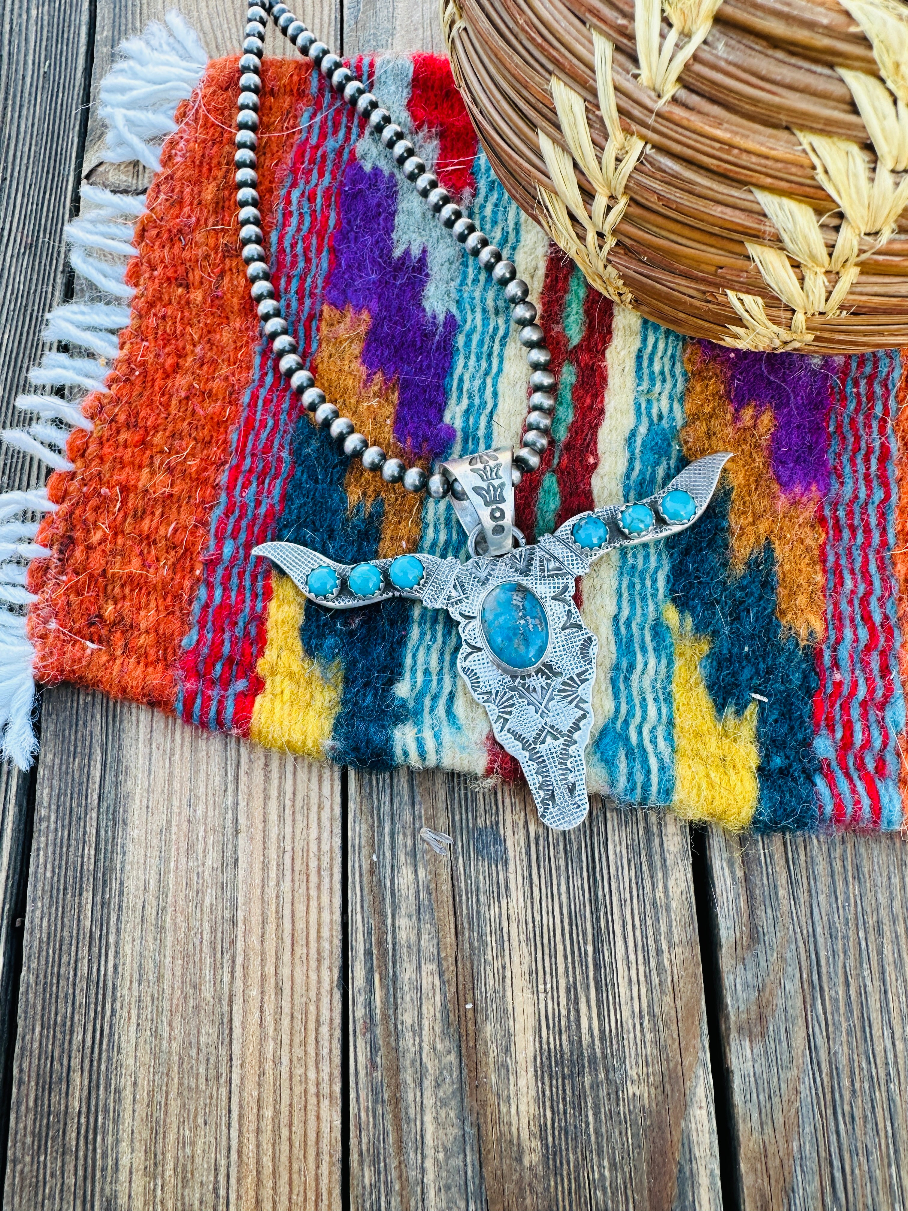 Handcrafted Sterling Silver & Turquoise Bullhead Pendant by Leroy James